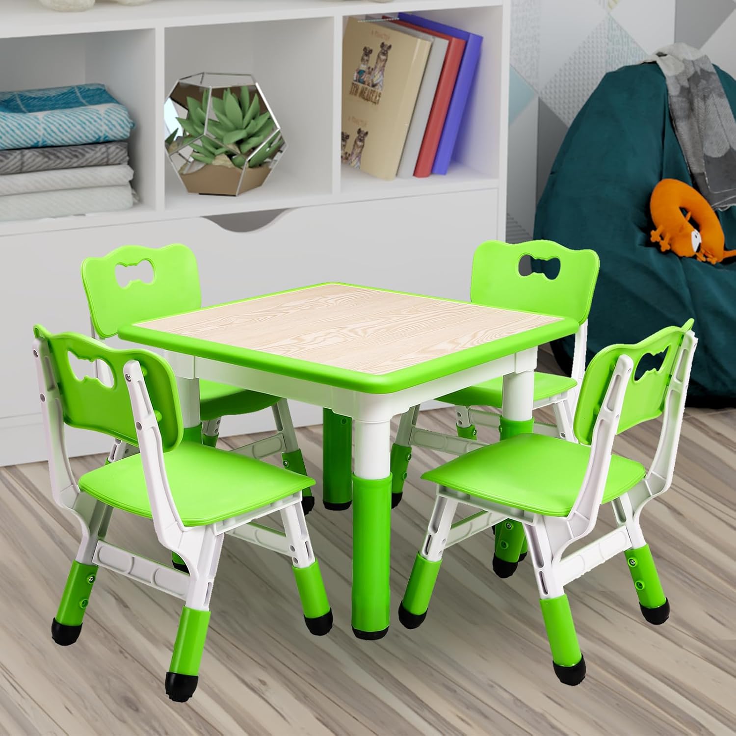 CABIHOME Kids Table and 4 Chair Set, Adjustable Toddler Table and 4 Chairs with Non-Slip Desk Legs&Organizer Graffiti Desktop, Multi-Function Tables for Kindergarten, Living Room