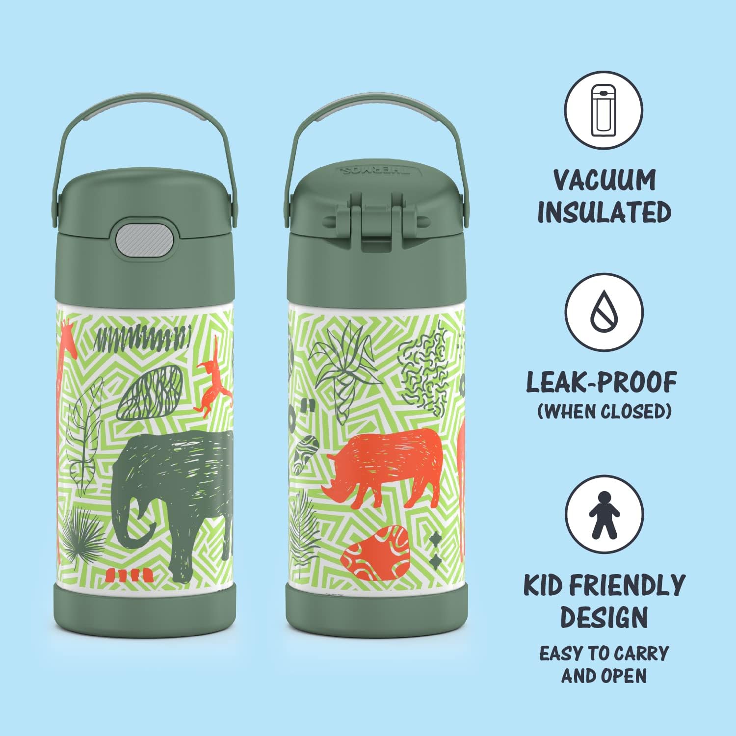 THERMOS FUNTAINER 12 Ounce Stainless Steel Vacuum Insulated Kids Straw Bottle, Jungle Kingdom