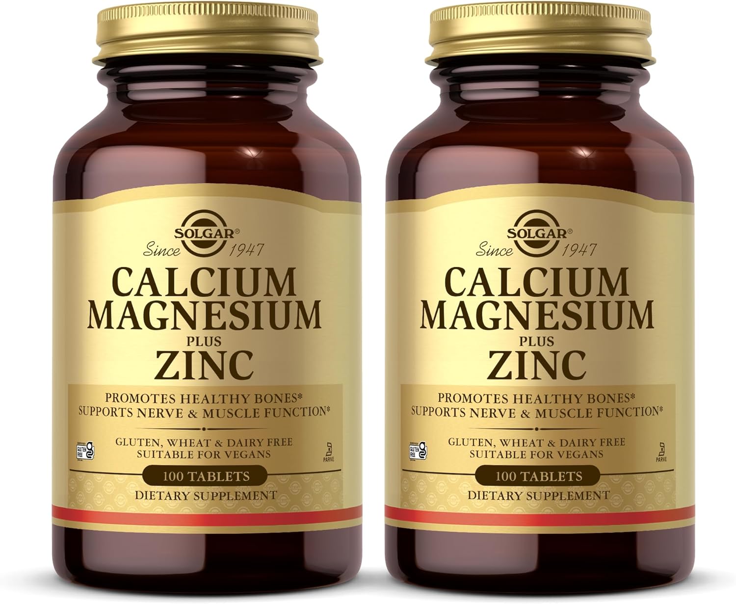 Solgar Calcium Magnesium Plus Zinc, 100 Tablets (Pack of 2) - Promotes Healthy Bones and Teeth - Supports Nerve & Muscle Function - Non-GMO, Vegan, Gluten Free, Dairy Free, Kosher - 66 Total Servings