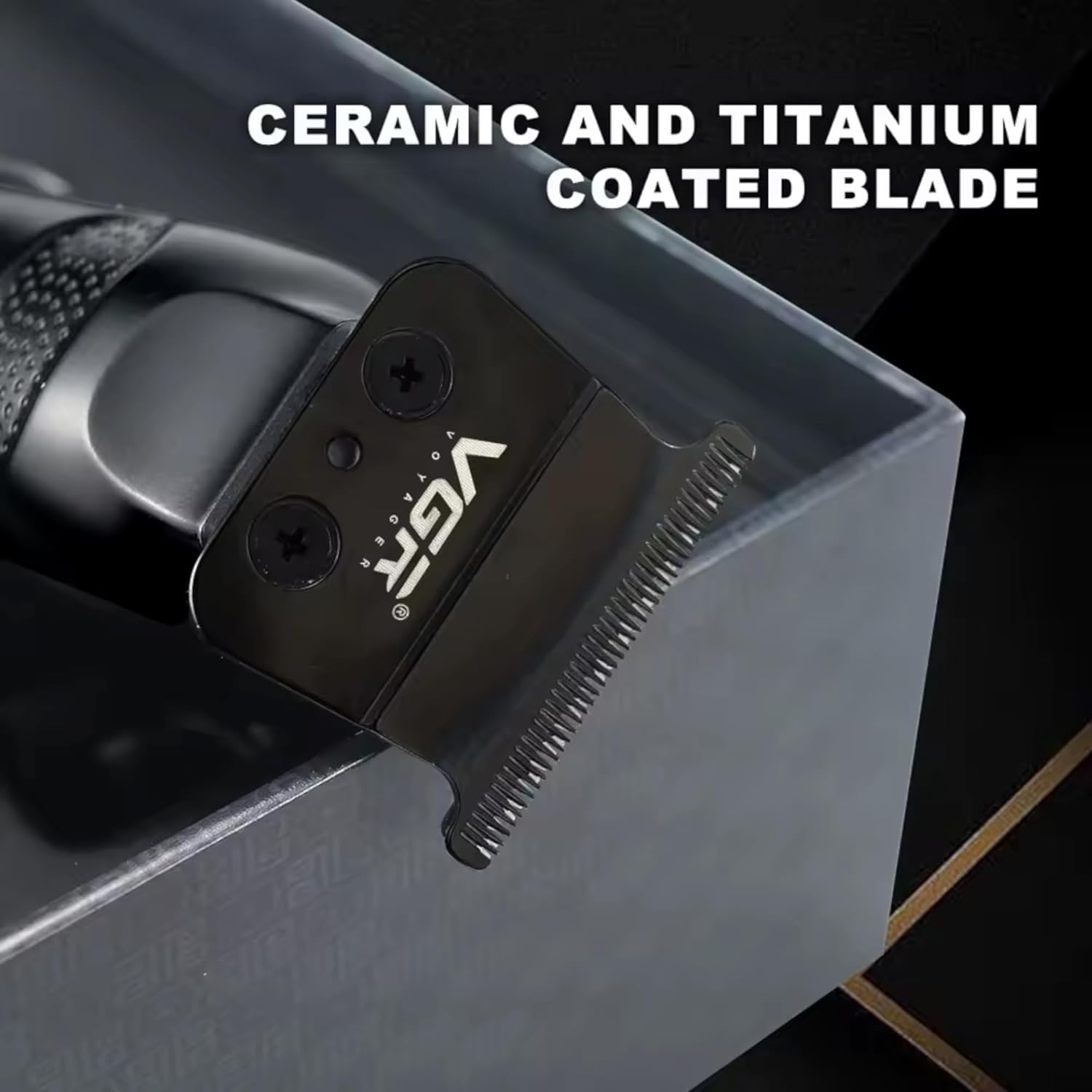 Close-up of the VGR V-879T hair clipper's ceramic and titanium coated blade.