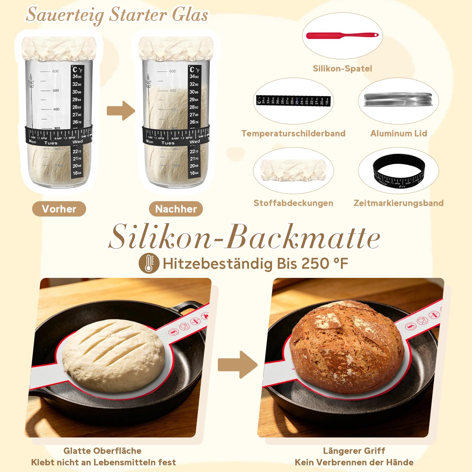 Sauerteig Starter Set, 16-teilig Gärkorb Brot Set, Brot Backen Zubehör, Gärkörbchen Oval und Rund 25cm & 23cm, Sauerteig Glas, Geschenk für Anfänger und Erfahrener Bäcker