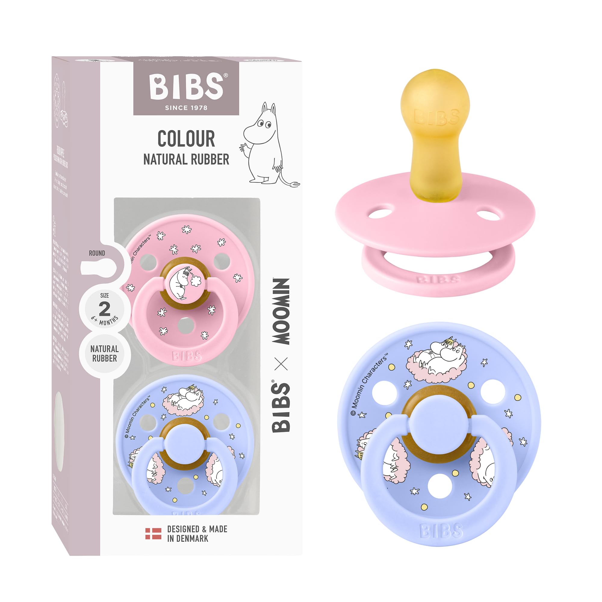 BIBS Colour Moomins Schnuller 2er-Pack, BPA-frei, Kirschform Nippel. Naturkautschuk/Latex, Hergestellt in Dänemark, Größe 2 (6-18 Monate), Baby Pink/Hush