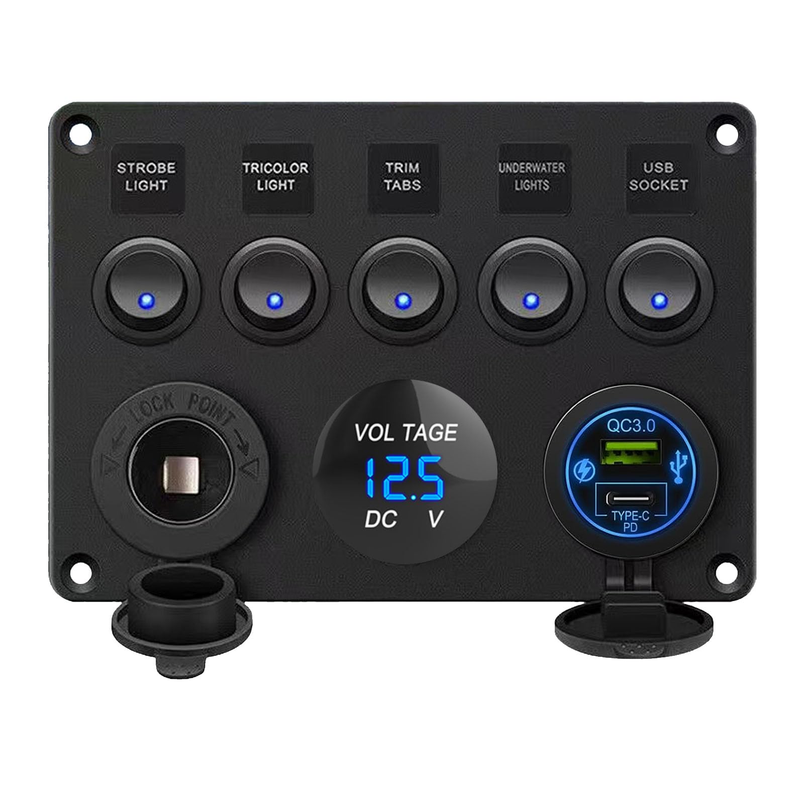 BLLYOGU 5 Gang Rocker Switch Panel with PD Type-C, USB Charger, Digital Voltmeter & 12V Outlet for Car, Boat, Truck, Trailer