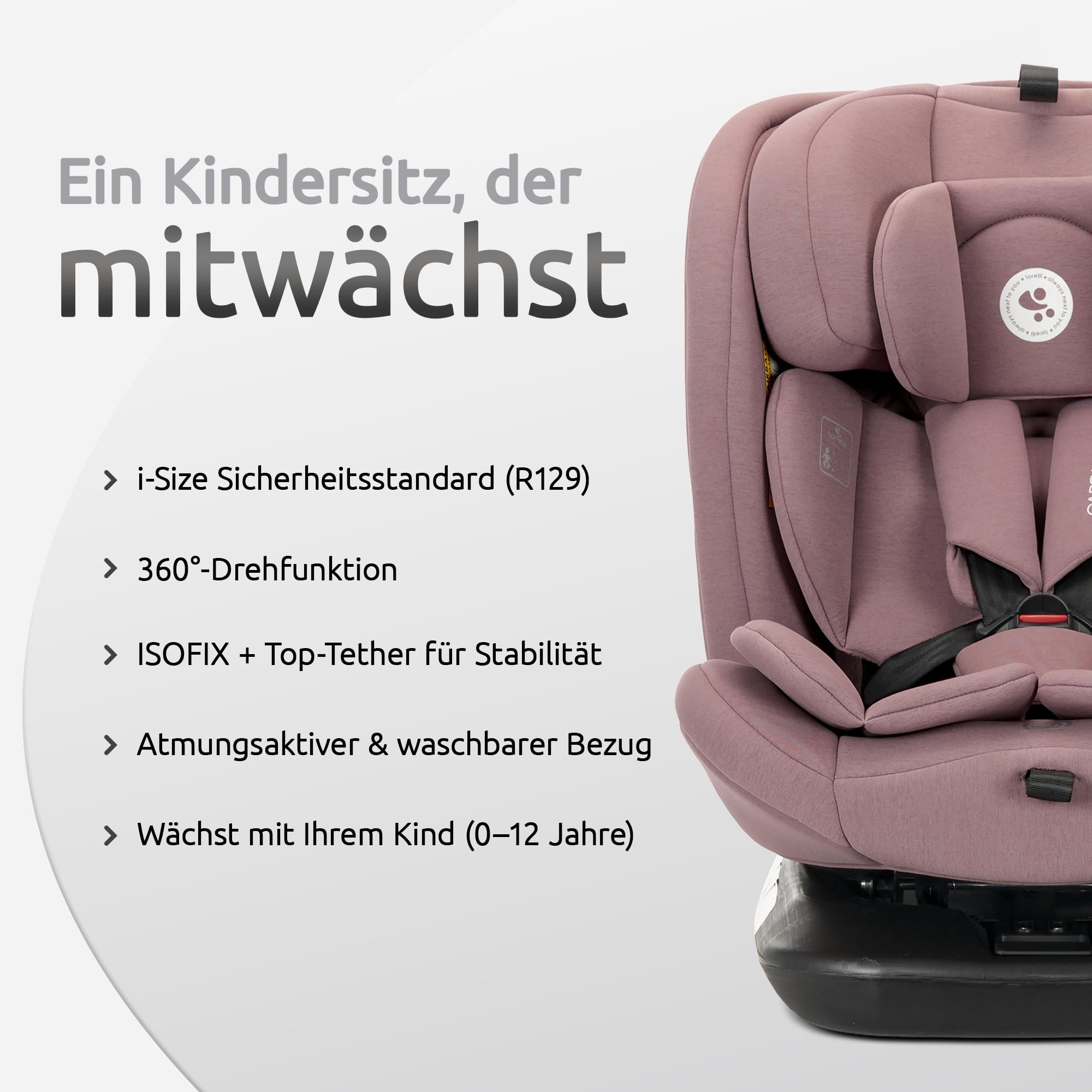 Lorelli Kindersitz drehbar 360 Grad i-Size 40-150cm mit Isofix, Mitwachsender Baby Autositz Capella, Gruppe 0+/1/2/3, 0-12 Jahre, 0-36 kg, Auto Babysitz ab Geburt, 5-Punkt-Gurt, Rosa