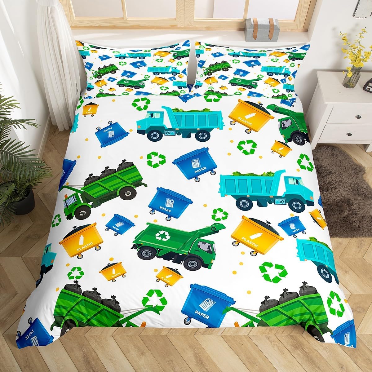 Feelyou Cartoon Garbage Truck Duvet Cover Green Trash Truck Bedding Set for Kids Boys Girls Teens Green Vehicle Car Comforter Cover Garbage Truck Toy Print Bed Set 2Pcs Zipper Twin Size (No Comforter)