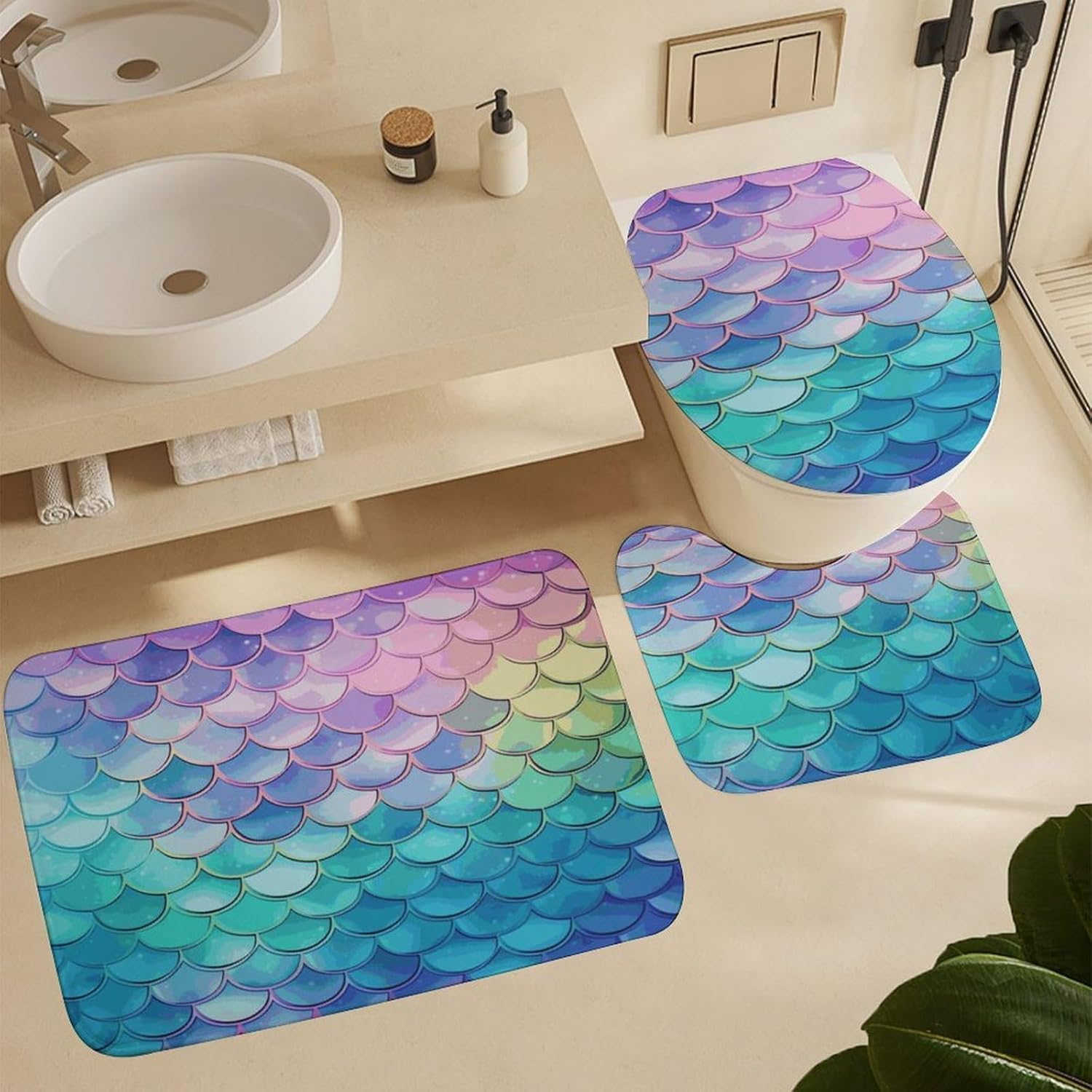 Dreamy Gradient Mermaid Scales 4Pcs Shower Curtain Set with Non-Slip Rugs, Toilet Lid Cover and Bath Mat,Bathroom Set Decor Accessories,Curtain Set with 12 Hooks, 72 X 72 Inch