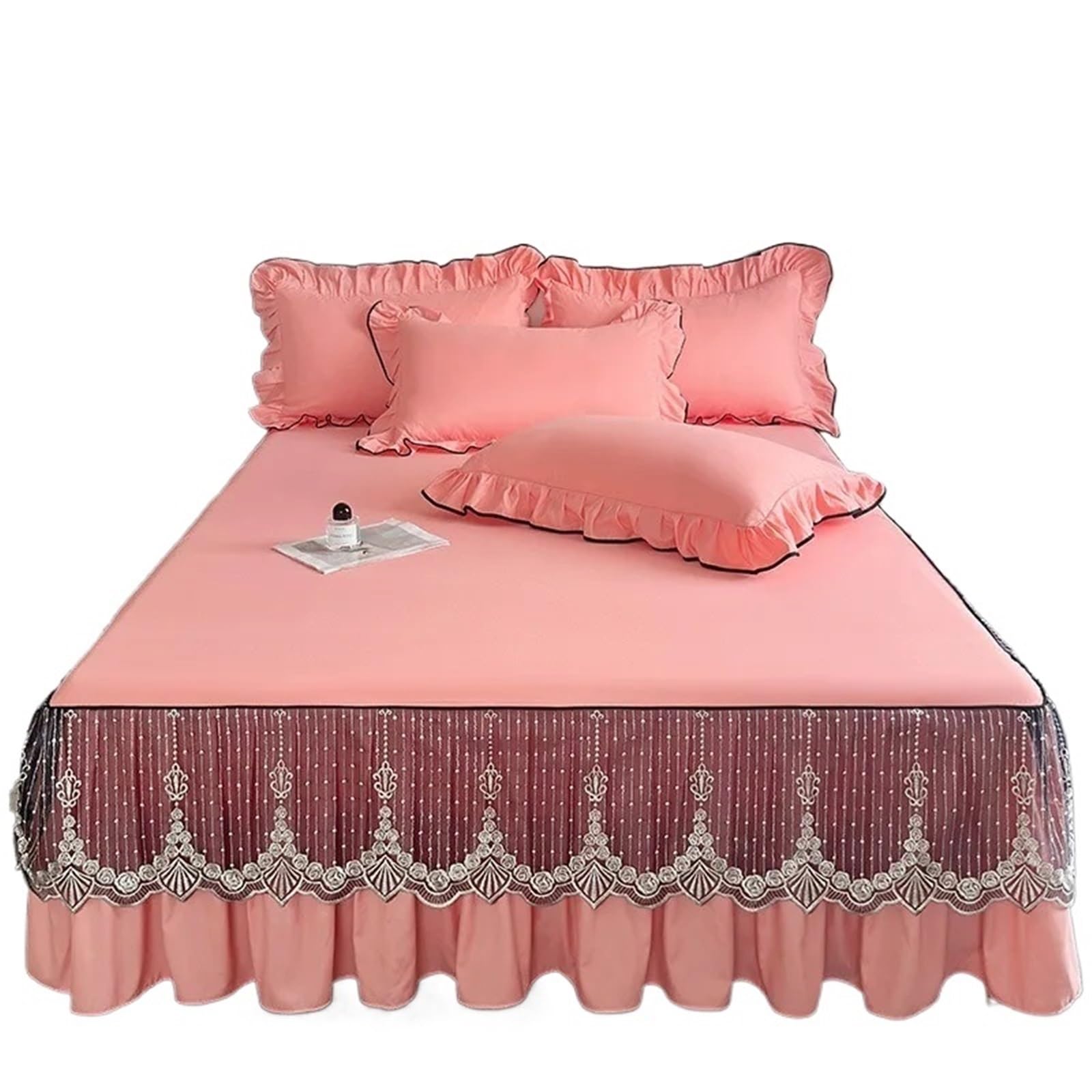 3 Pcs Lace Knit Bed Skirt Solid Color Queen King Bedspread On The Ruffle Home With Pillowcases(Color2,3 pcs 180x200cm)