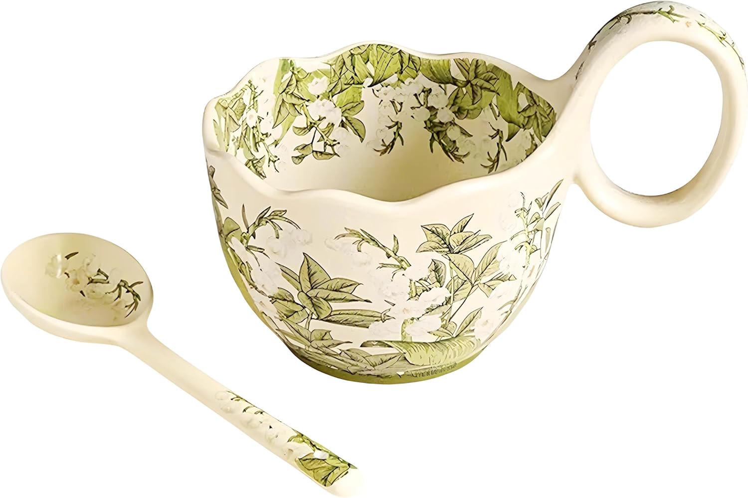15.87 Oz Microwavable Soup Bowl with Handle, Hand Painted Lily of the Valley Decorative Soup Bowls with Handles, Ceramic Soup Bowl with Spoon for Holding Fruits Cereal Snack, Chili, Ice Cream, Stew