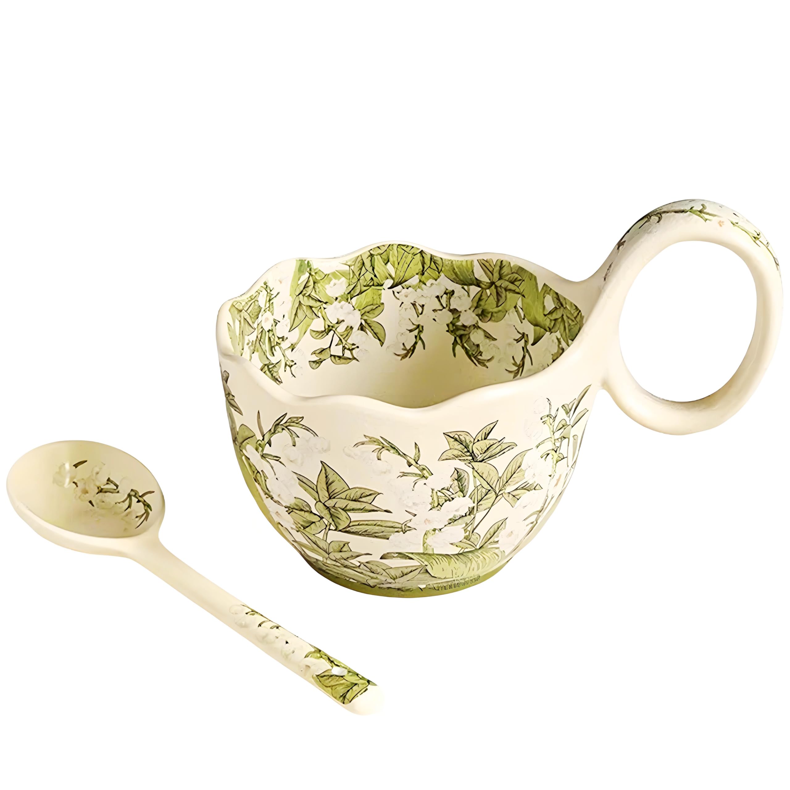 15.87 Oz Microwavable Soup Bowl with Handle, Hand Painted Lily of the Valley Decorative Soup Bowls with Handles, Ceramic Soup Bowl with Spoon for Holding Fruits Cereal Snack, Chili, Ice Cream, Stew