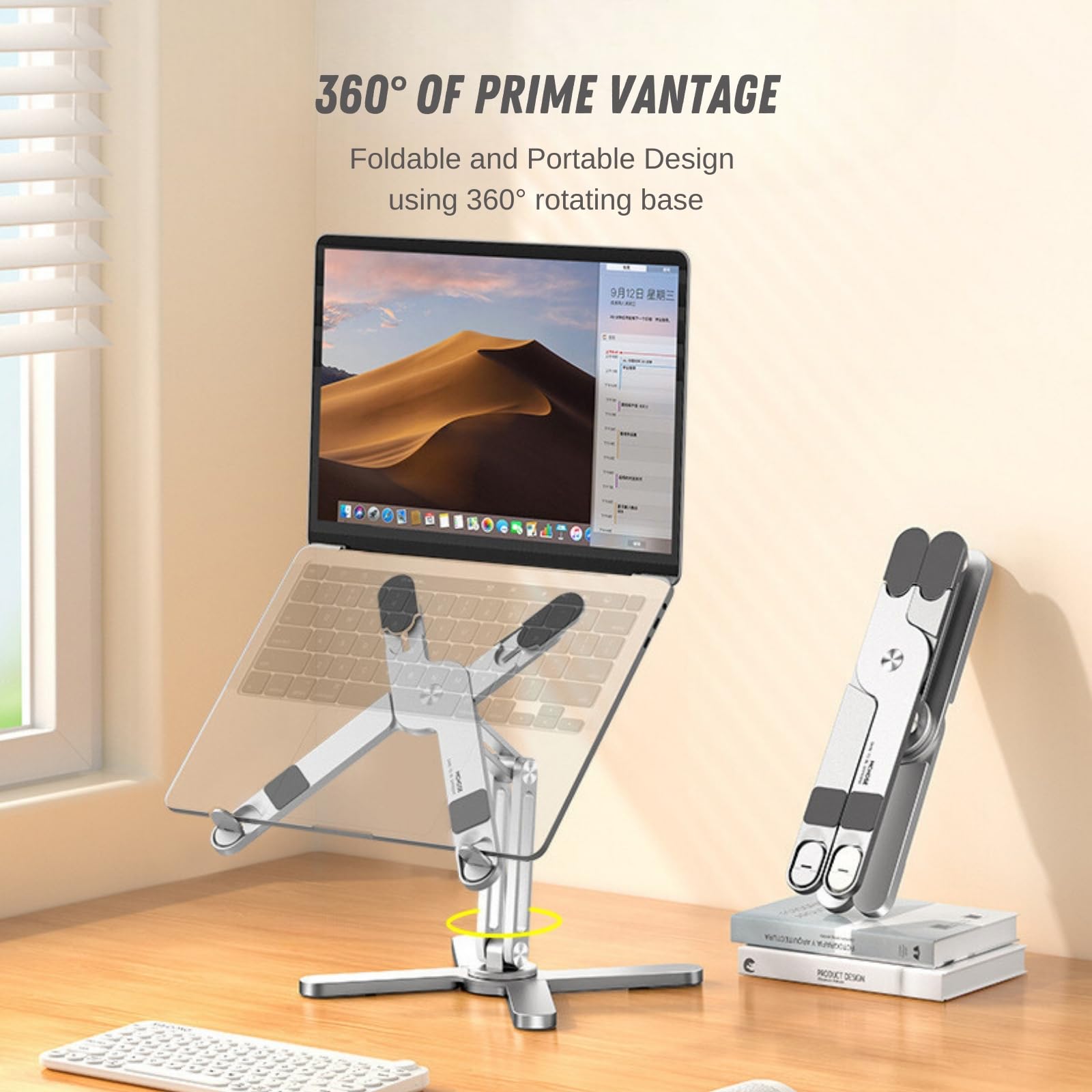 Supporto per laptop con base girevole a 360°, supporto per laptop regolabile in altezza, manico ergonomico pieghevole, compatibile con iPad e MacBook/tutti i computer portatili fino a 16