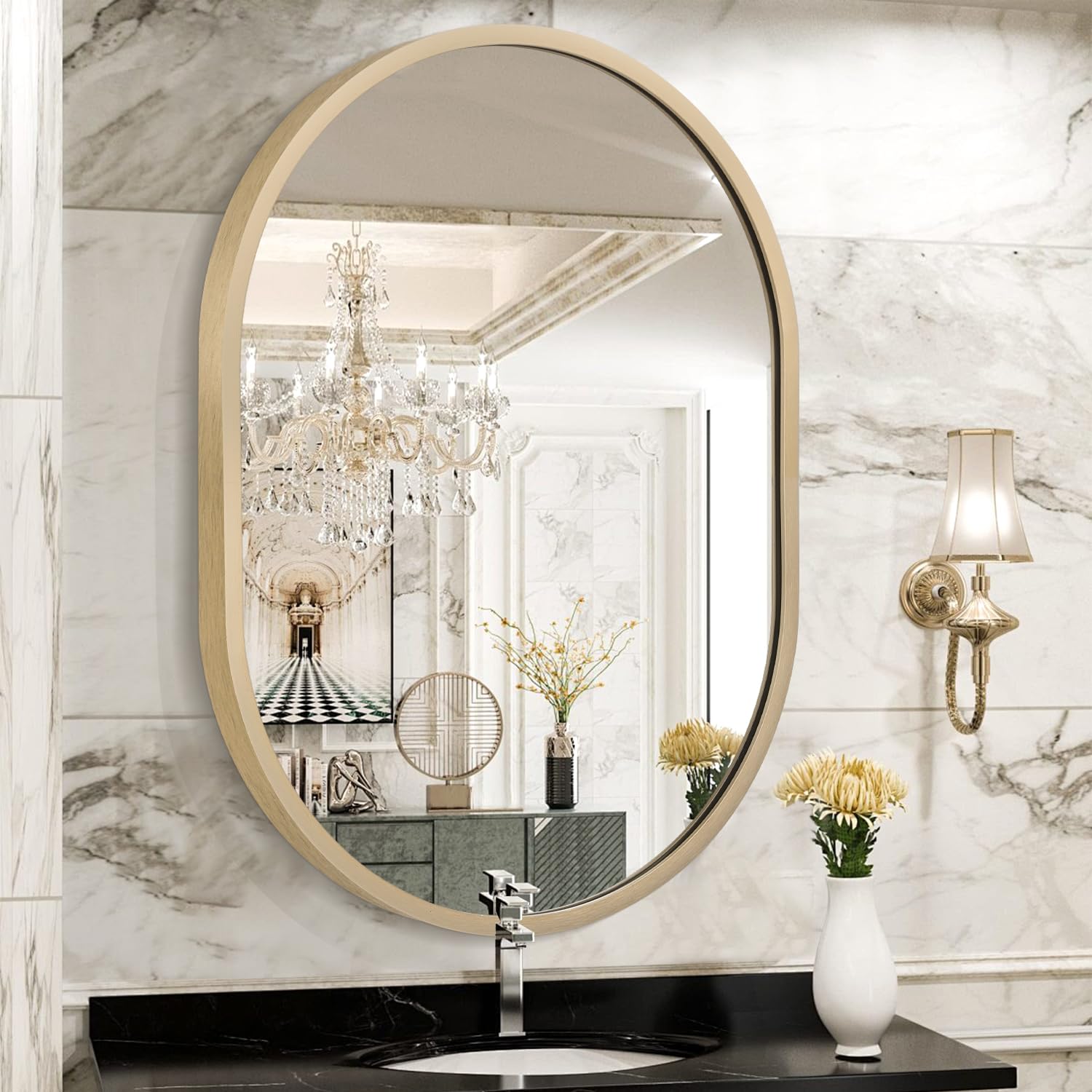 JJUUYOU Oval Wall Mirror with Metal Frame 16"x20" Small Circular Mirror for Bathroom Vanity Mirrors for Wall Wood Frame Make up Mirrors for Entryway Living Room Bedroom Dorm Decorative Bronze