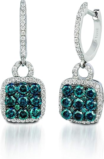 LE VIAN 1 1/4 Carat White and Blue Diamond Dangle Drop Earrings for Women in 14k White Gold (H-I, VS2-SI1, cttw) Square Huggie Earrings
