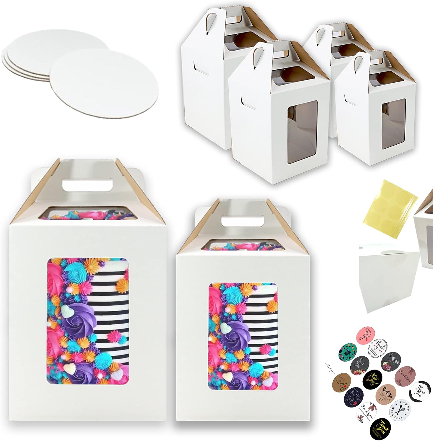 6 Pack Tri-Handle Tall Cake Boxes With Windows In 2 Sizes 14x14x16 & 16x16x18 + 6 Cake Boards 14" & 16", Bakery Caddy Carrier Container With Handle Ideal for 16" & 18" Tiered Cakes