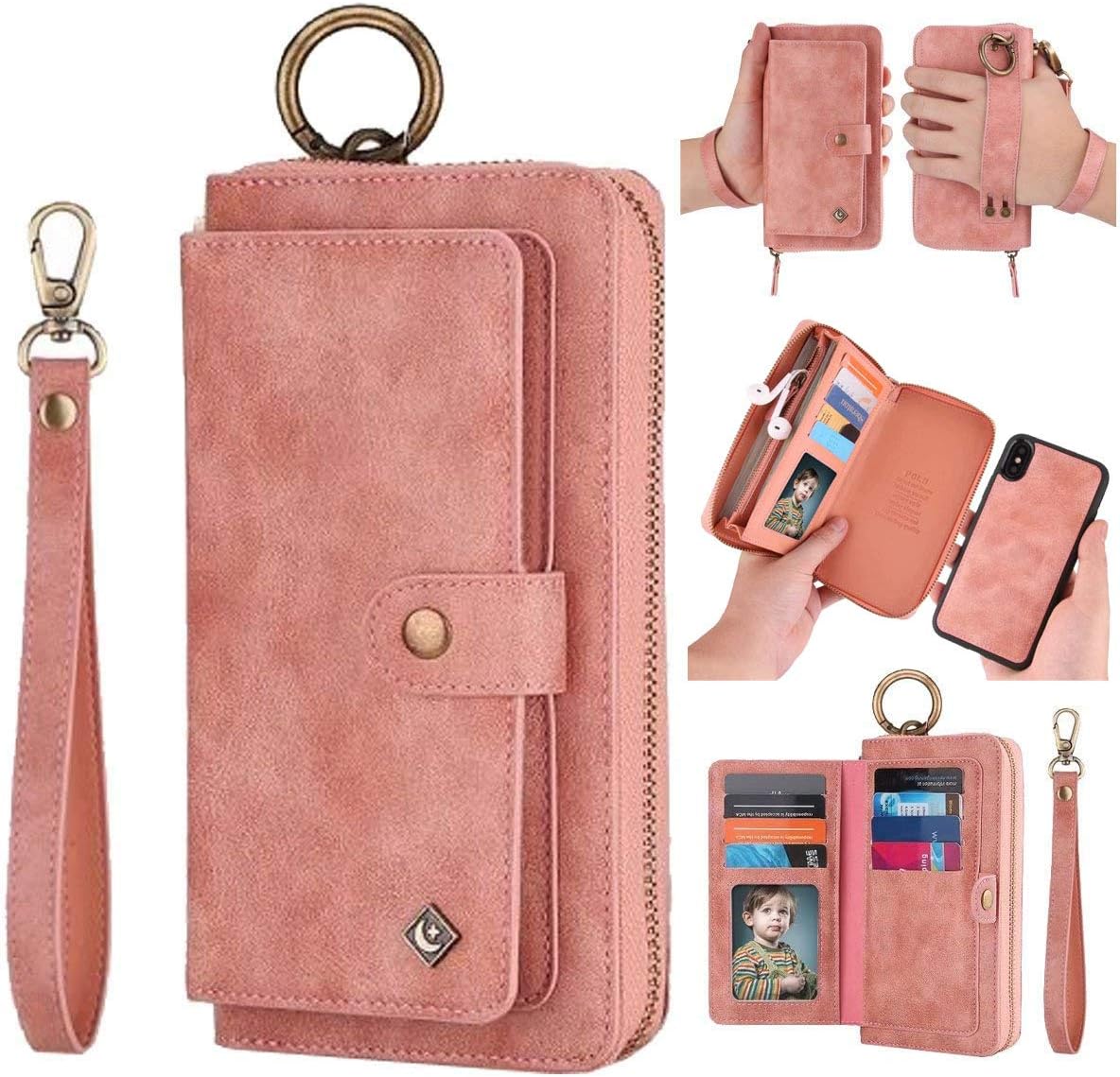 AIFENGCASE Phone Case Compatible with iPhone XR,Wallet Case for Women Men Girl,Wristlets Clutch Zipper Leather Pouch Wallet Flip Phone Case Card Holder Magnetic Detachable Back Cover,Pink