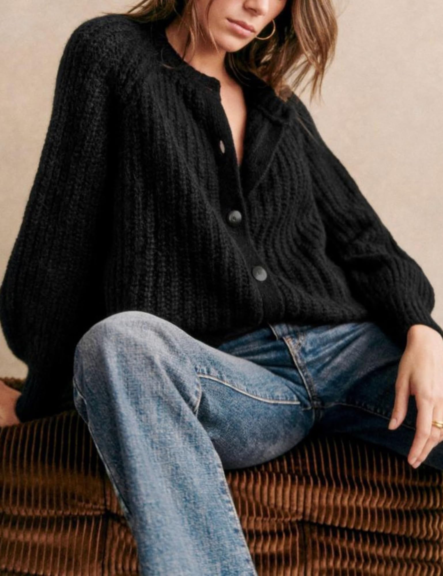 Capispalla in Maglia Cardigan abbottonata Girocollo a Maniche Lunghe Casual da Donna(Black,XL)