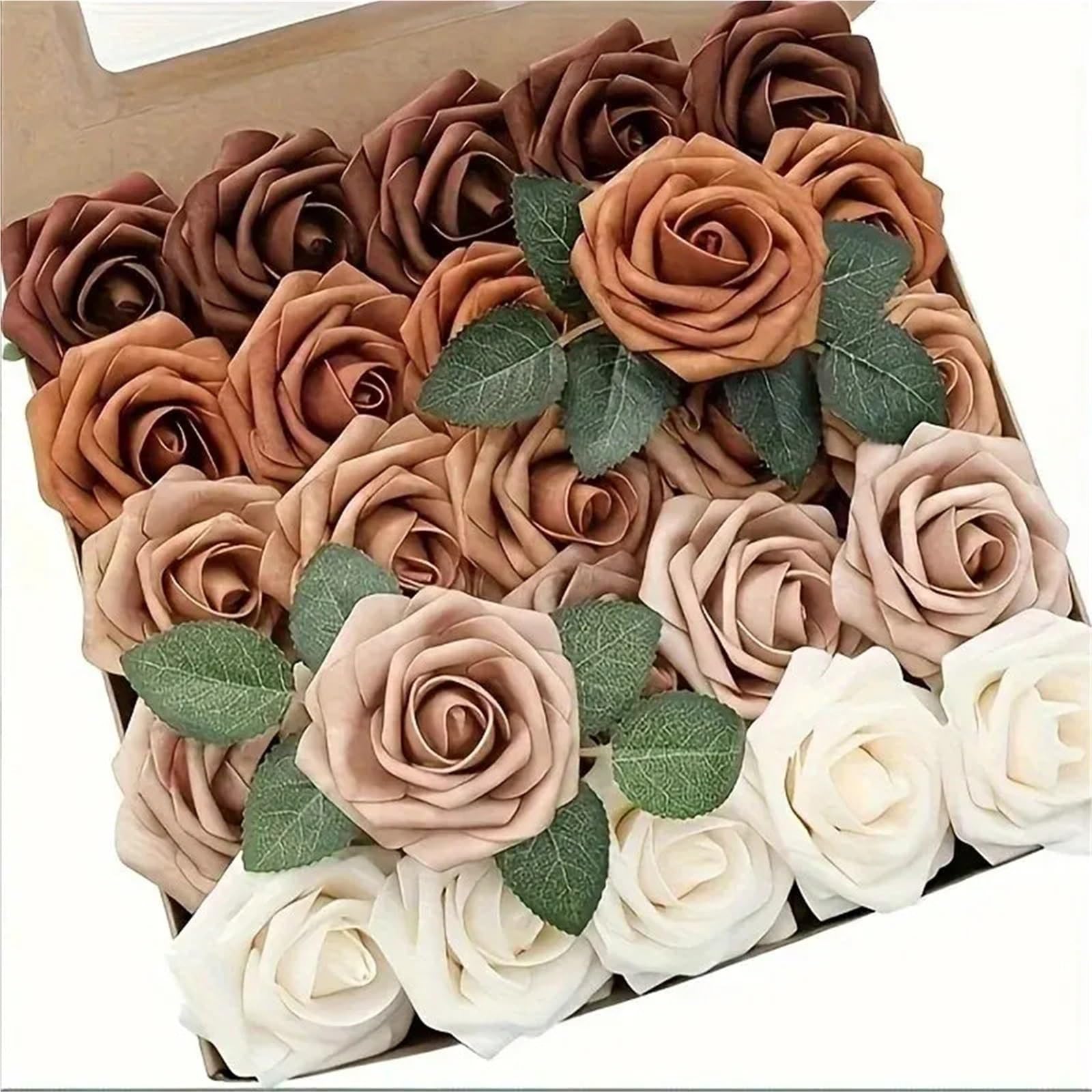 UBOHUZ 25pcs Artificial Flowers Real Looking Burnt Orange Ombre Colors Foam Fake Roses With Stems For DIY Wedding Bouquets for Wedding Bridal Bouquet