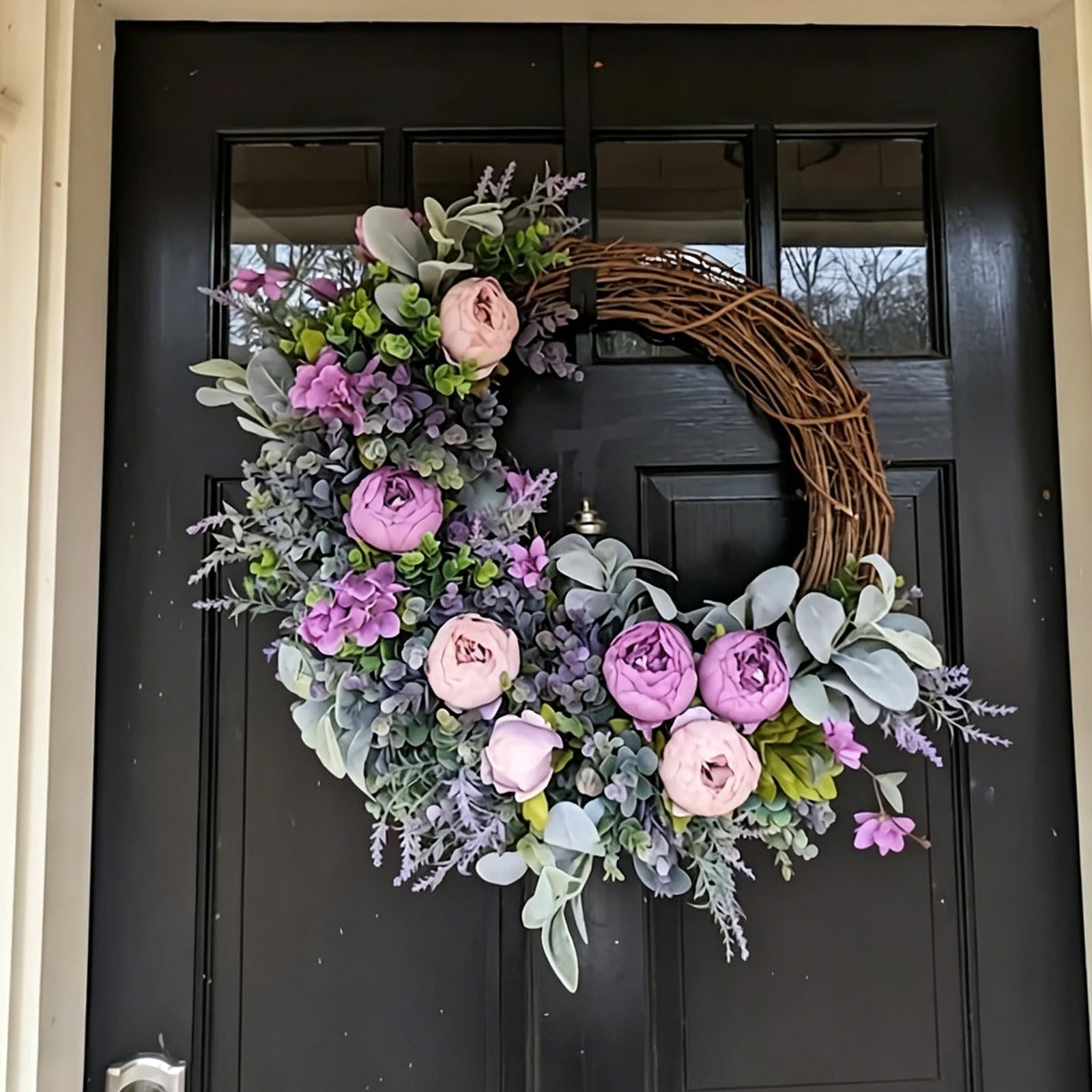 Künstlicher Türkranz mit lila Pfingstrosen, Hortensien und Lavendel, 40/45/50cm Haustürkranz Stil Frühlings Sommer Kranz für Haustür Wand Bauernhaus Innen Außen (50 cm)