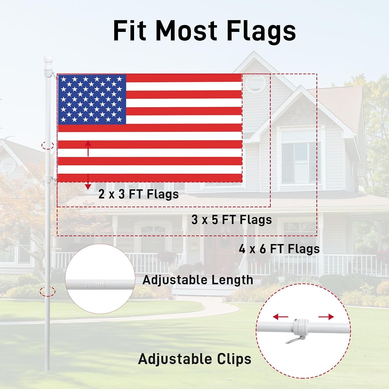 White Flag Pole for Outside House, 6 FT Stainless Steel No Tangle Spinning Residential Flagpoles & Two-Position Flag Pole Holder Brackets Mounting for USA Outdoor Flags for Porch(Without Flag)