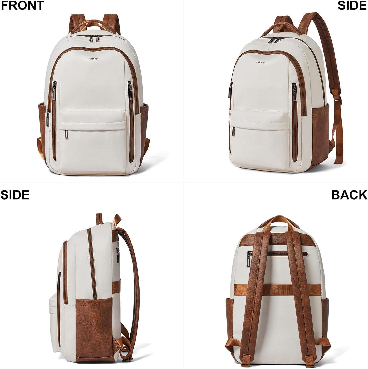 30L Backpack Purse for Women Men Laptop Backpack, Faux Leather Travel Work Backpack Teacher Bookbag fits 15.6" Laptop, Beige - Image 8