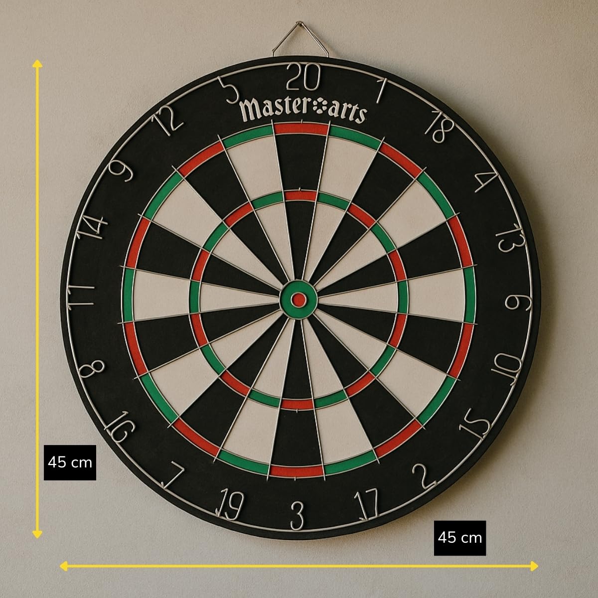 MasterArts Dartscheibe Set – Dartboard 45 cm – mit 6 Dartpfeile aus Metall – Beidseitig Bespielbar – mit Aufhängehaken – Kunststoff und Stahl – Mehrfarbig – Spaß für Zuhause und Gaststätte