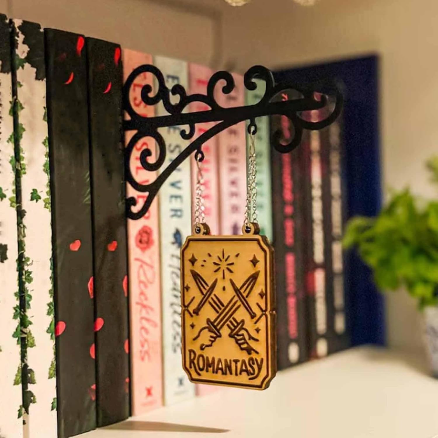 Explcior B Ook Genre Dividers For Ookshelf, Ook Nook Tavern Signs With Hanging Rackets, Ookshelf Genre Signs, Custom Shelf Labels For Home Library Ookshelves Dividers, Tavern-Style Ooknook Decor(B)