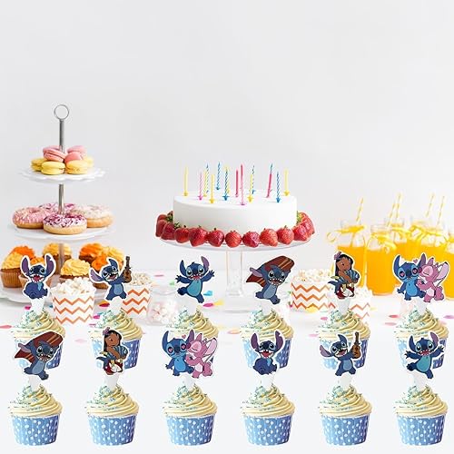 Miniatura 2 de 48 piezas de puntada para cupcakes, suministros para fiestas de cumpleaños, decoración de pasteles para fiestas temáticas de Lilo (puntada)