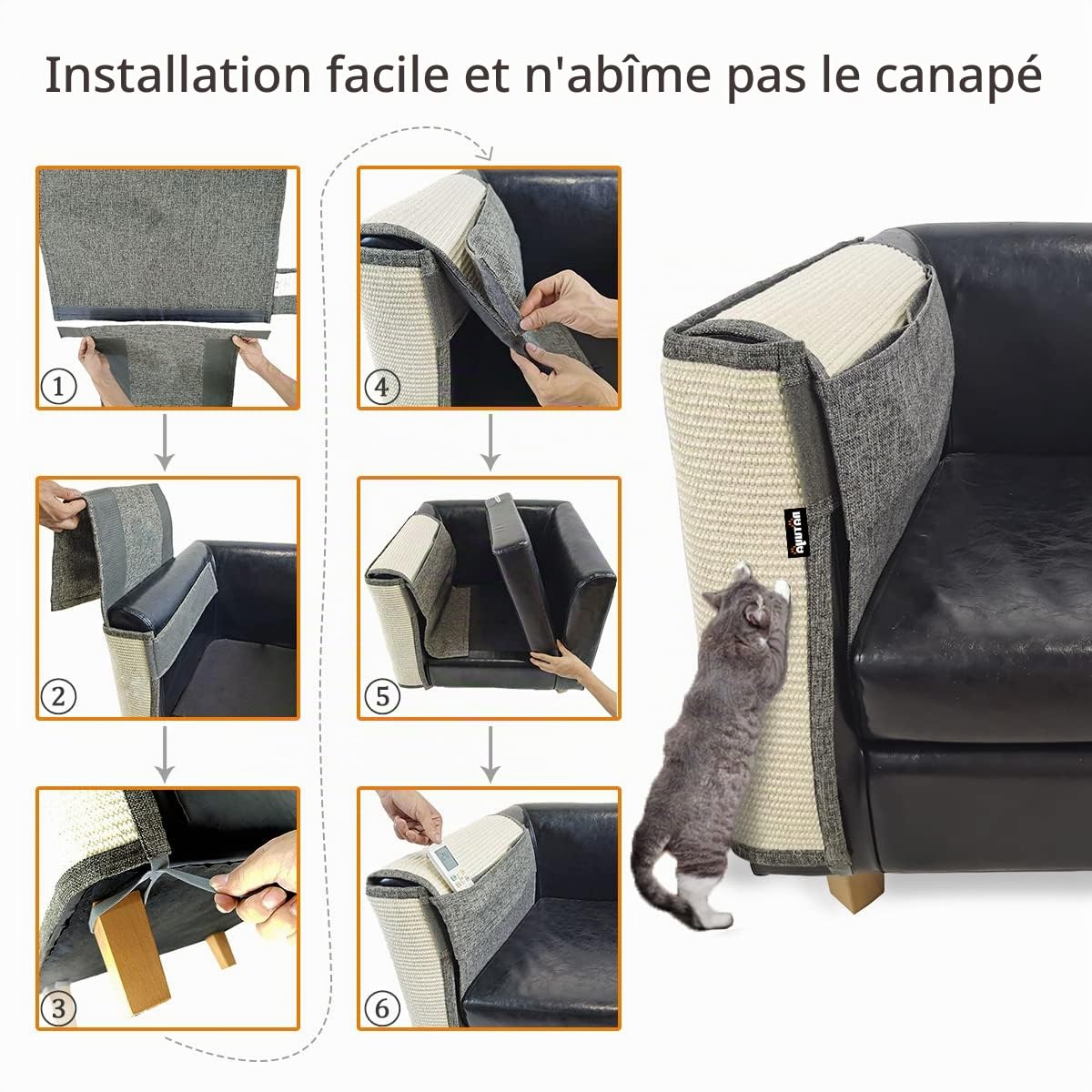 NATUYA Protecteurs de Meubles de Cats-Cat - Coussin dissuasif Contre Les griffures - Coussin de canapé Extensible et Anti-Rayures (Gris Foncé, Accoudoir en Sisal - Droite)