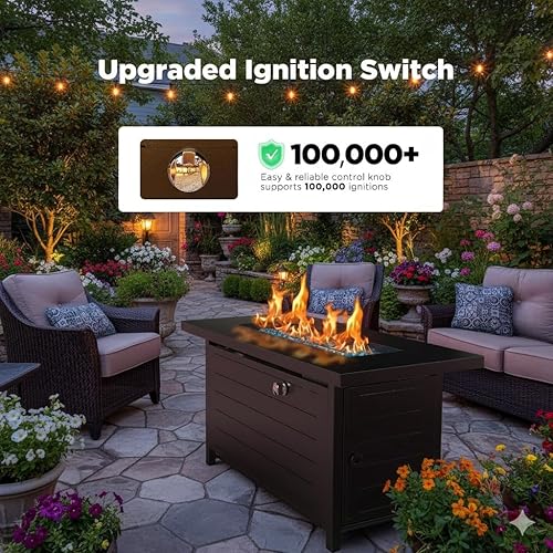 Miniatura 4 de Ciays Mesa para fogata de propano de 43 pulgadas con cuentas de vidrio y tapa, hoguera de gas certificada por la CSA con soportes para tazas