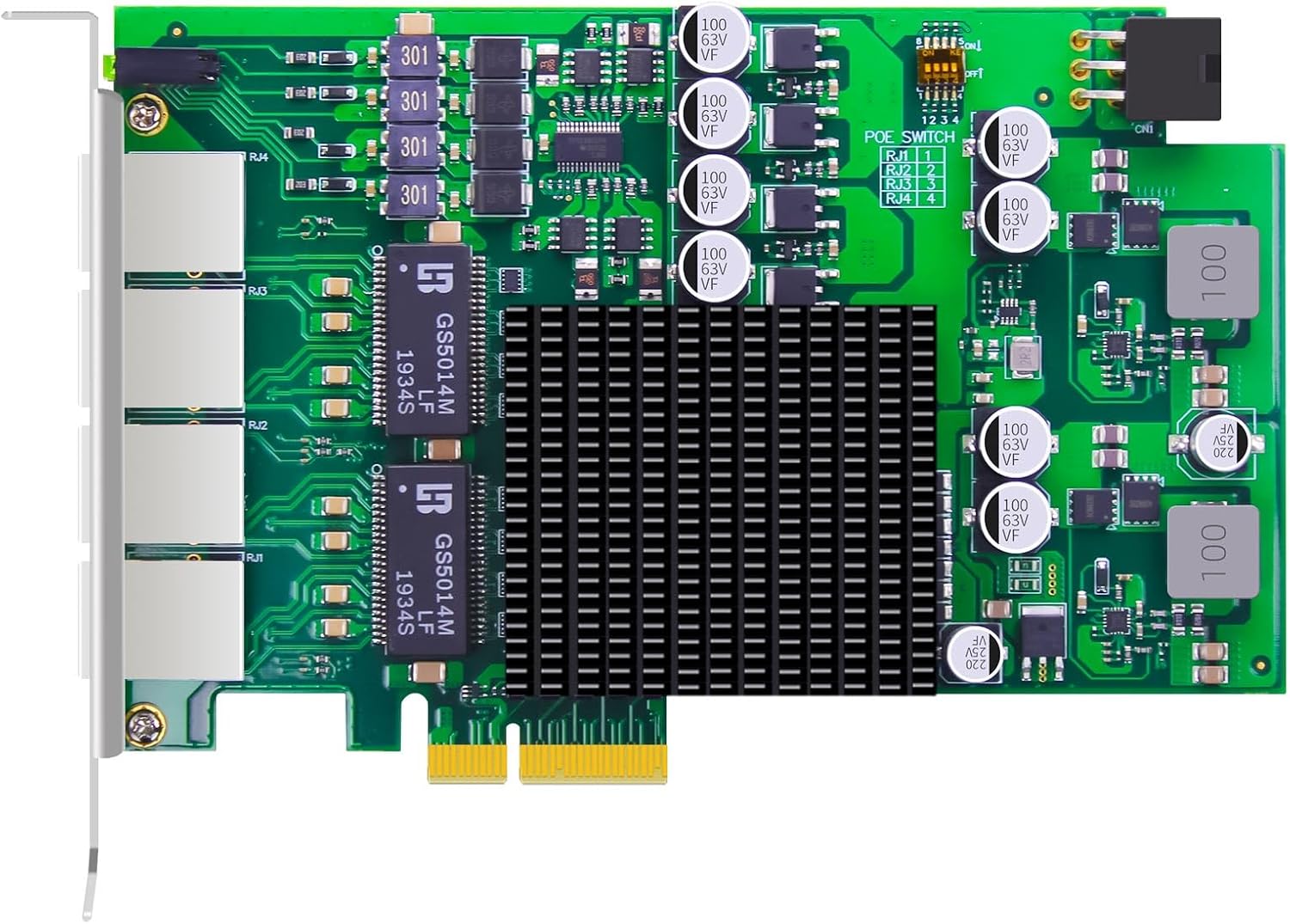 GLOTRENDS ST7458 4-Port Gigabit PoE+ Network Card with Surge-Proof Design for Outdoor Installation, Ethernet RJ45 LAN Port, PCIE 2.0 X4 Interface