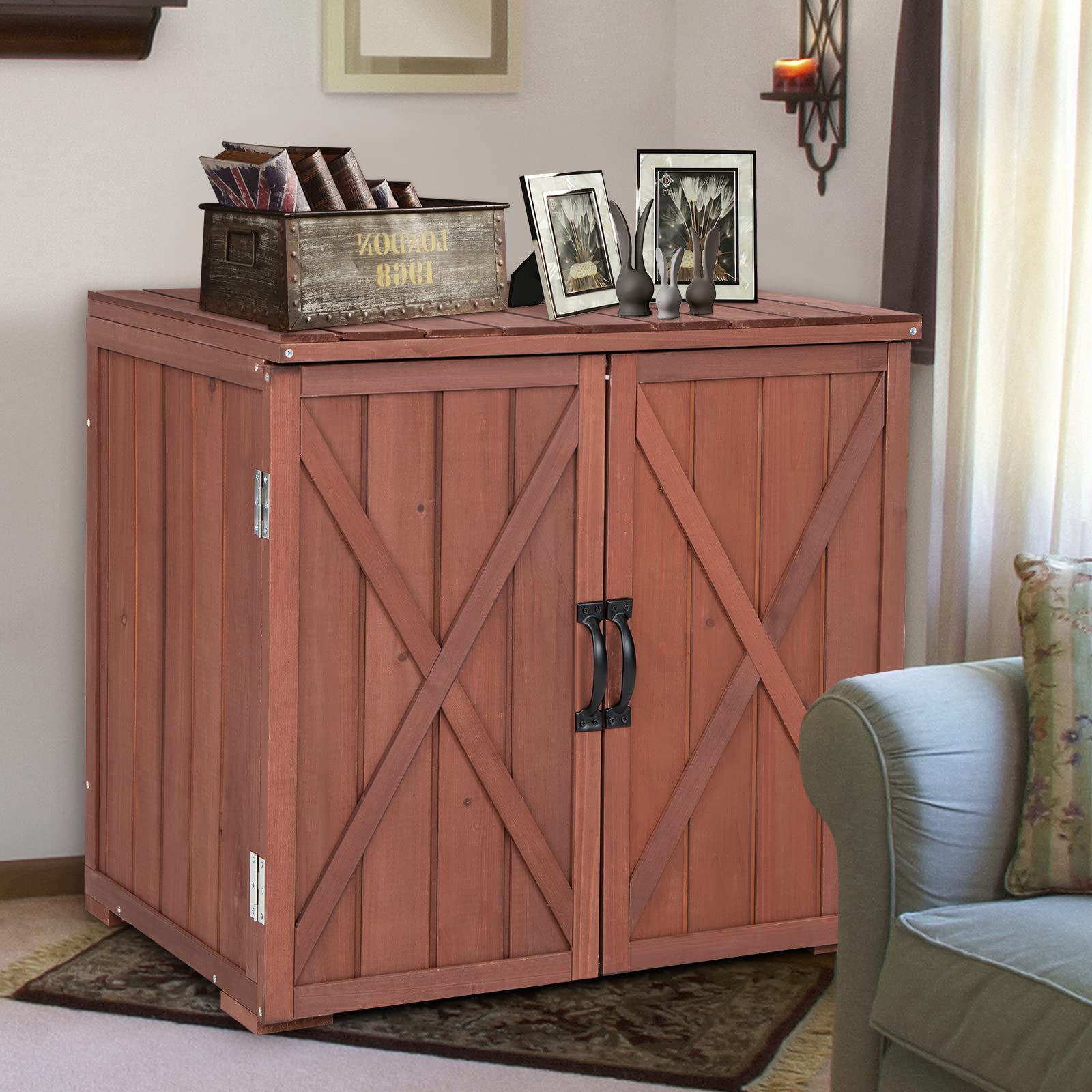 COSTWAY Armario de Almacenamiento de Madera de Abeto para Jardín, Organizador de Herramientas con 2 Puertas de Succión Magnéticas, Cobertizo con Amplio Espacio de Almacenamiento para Patio, Jardín