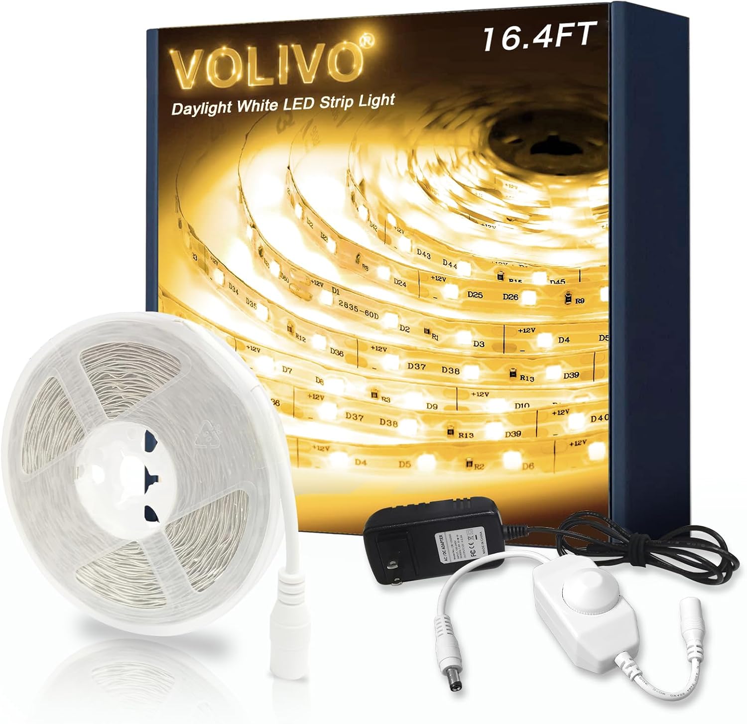 VOLIVO White LED Strip Lights, 50ft Dimmable 24V LED Lights 6500K Bright Daylight White, Strong Adhesive, Flexible Tape Light for Mirror, Kitchen Cabinets, Bedroom