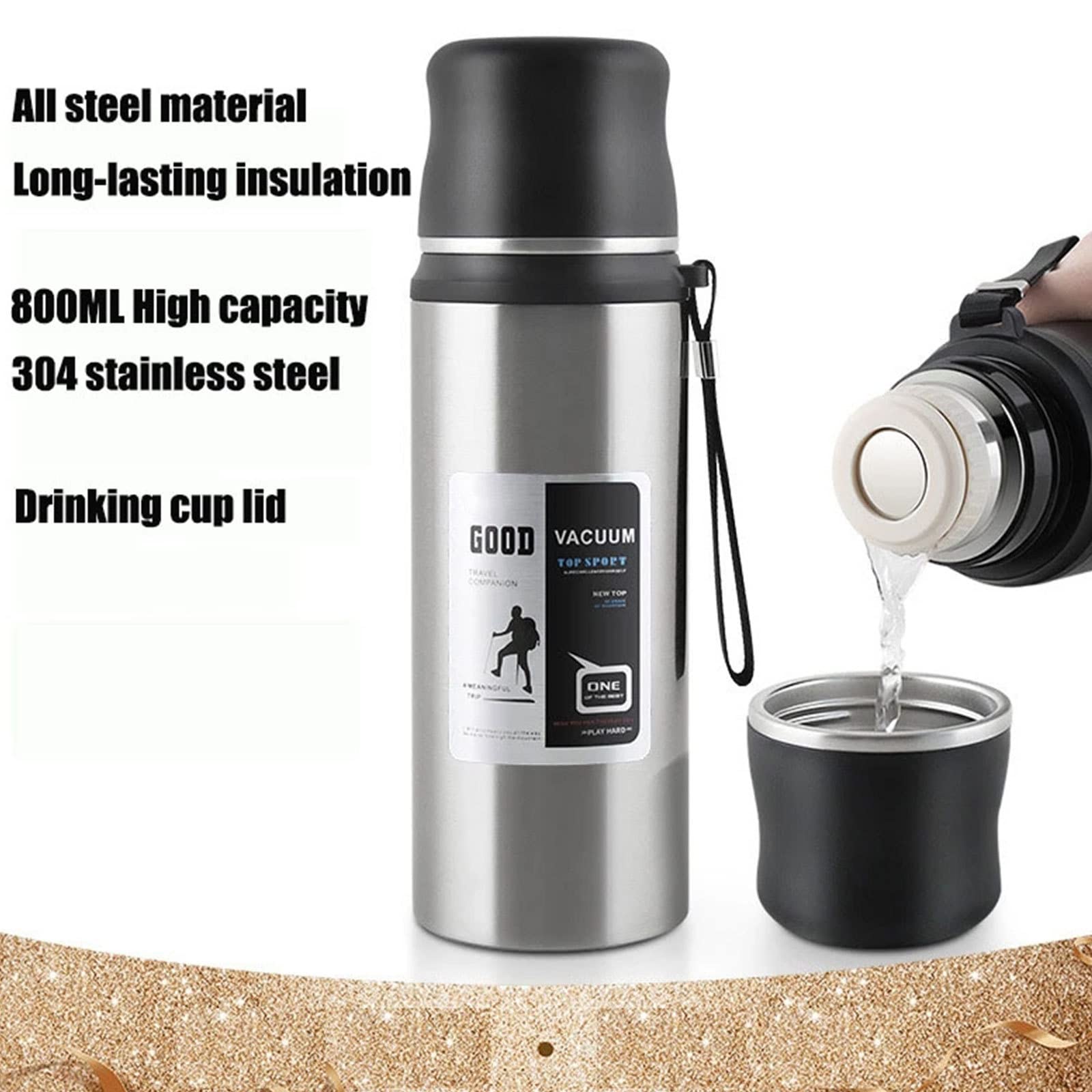 Trinkflaschen Isolierflasche 1L, Doppelschichtige Wasserflasche aus Edelstahl 304, 24 Stunden warm halten, Outdoor Durable Portable Travel Mug Camping Wanderflaschen,Metallic