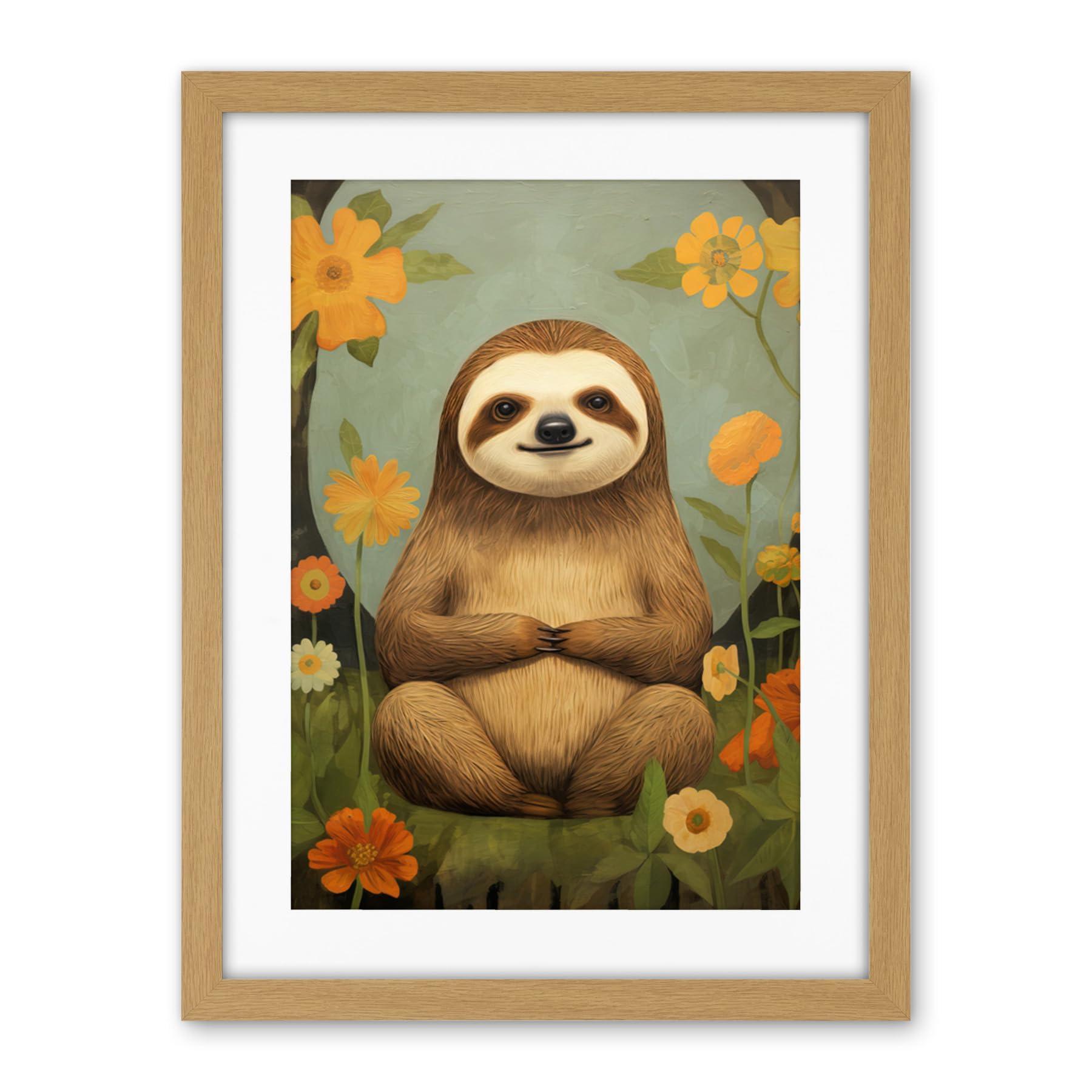 Artery8 Smiling Sloth Meditating in Forest Flowers Kids Bedroom Artwork Framed Wall Art Print 18X24 Inch