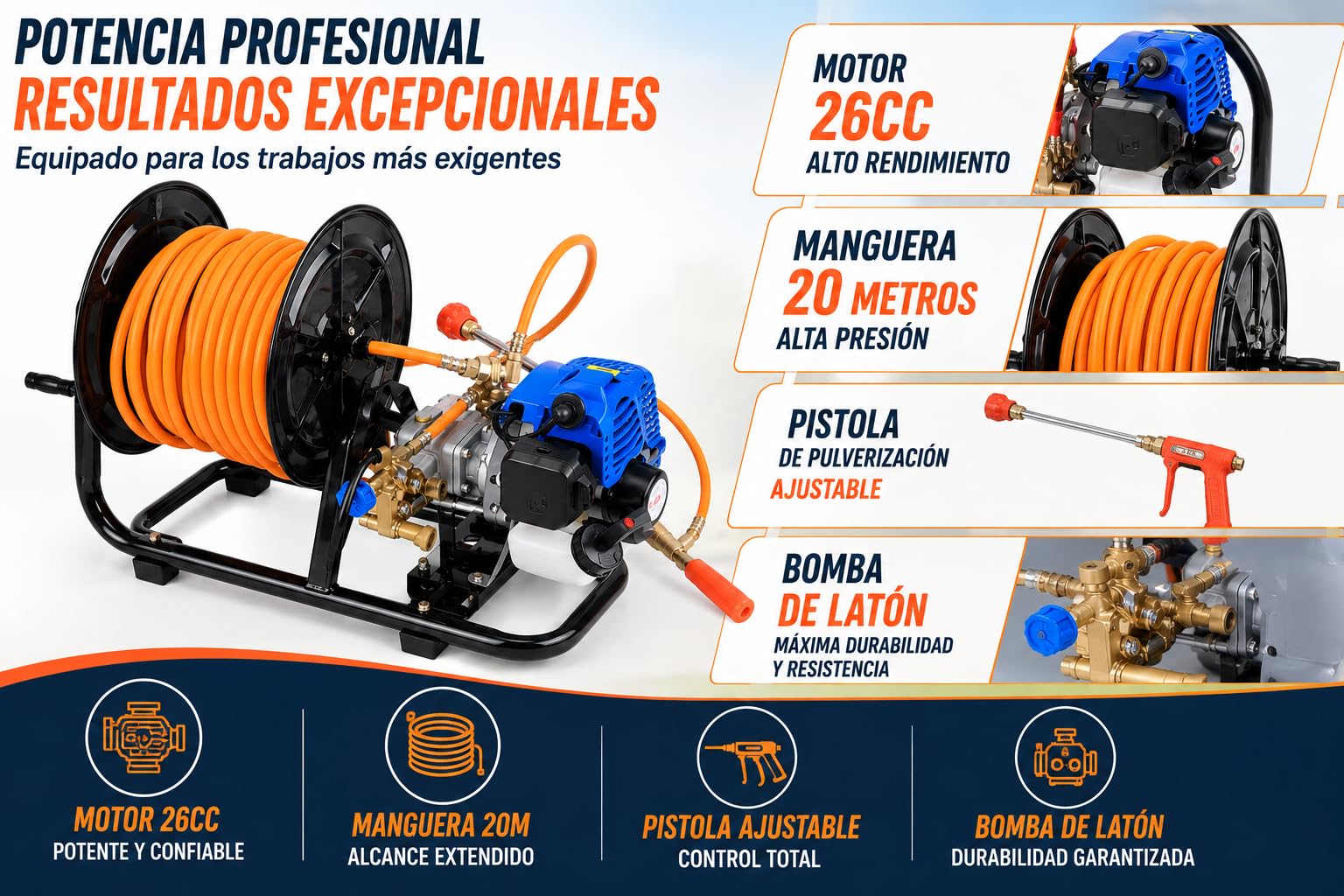 Powertec Pulverizador a Gasolina P980, Motor 2 Tiempos 26 cc, Bomba de Pistón, Presión 2-25 Bar, Caudal 6-8 L/min, Manguera 20 Metros