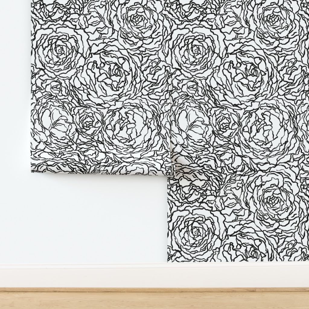 Spoonflower Removable Wallpaper 3ft x 2ft - Black White Painted Florals Floral Abstract Outlines Custom Pre-Pasted Wallpaper