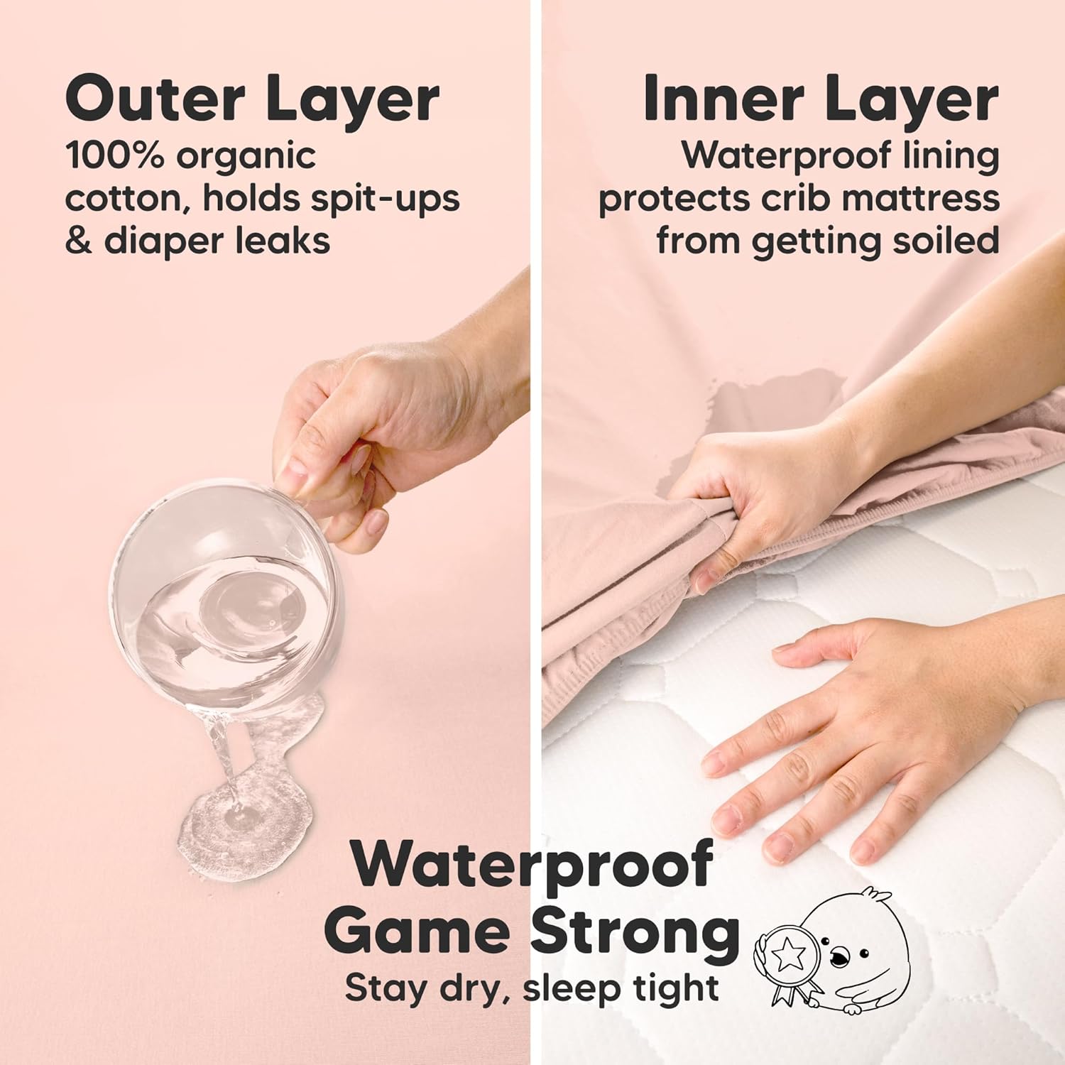 2-Pack Waterproof Crib Sheets for Boys, Girls - 52x28 Fitted Organic Cotton Baby Crib Sheets, Toddler Mattress Protector Cover, Washable, Soft & Durable Baby Bedding Essentials (Cameo)