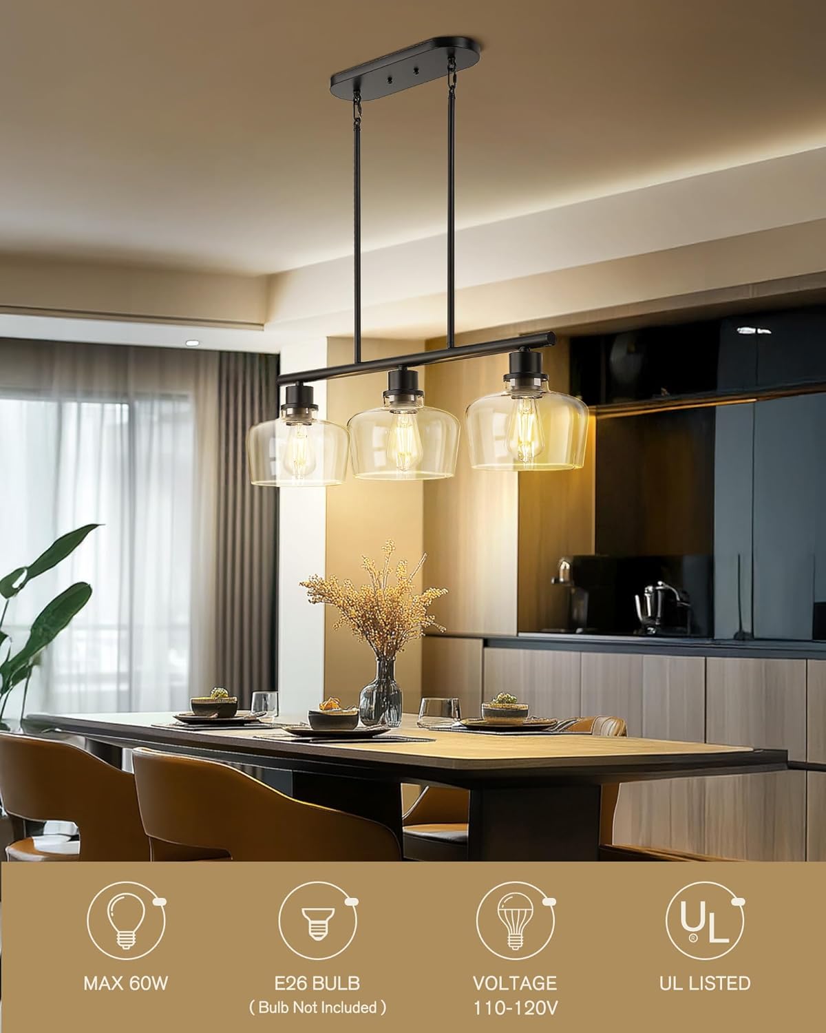 Emak 32 Inch Black Dining Room Light Fixture, 3-Light Kitchen Island Lighting with Clear Glass Shade, Modern Farmhouse Kitchen Island Lights for Kitchen, Dining Room, Bar, IL122-BK-CG-3