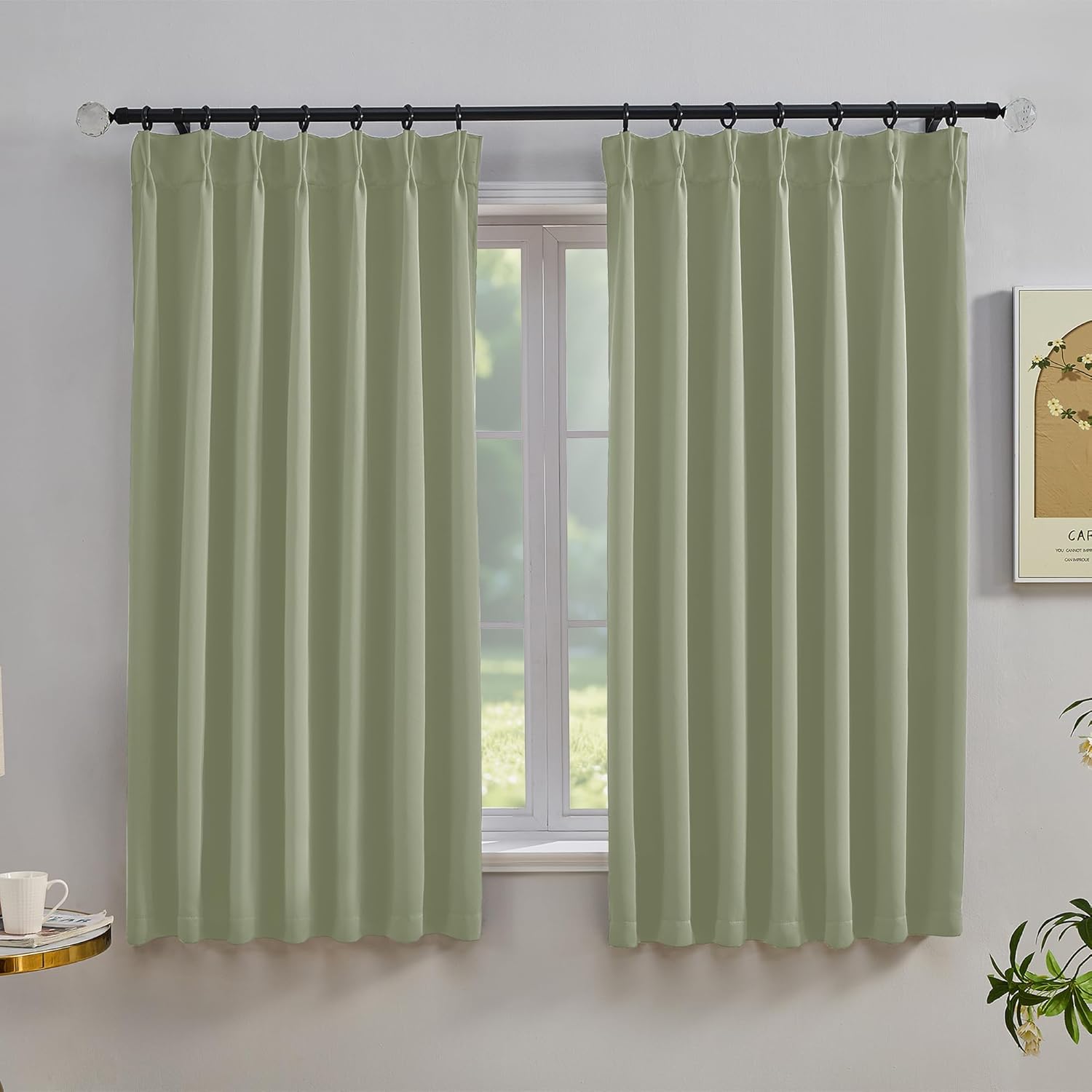 Simplebrand Sage Green Small Room Darkening Pinch Pleated Curtains 63 Inch Length 2 Panels with Hooks for Bedroom, Light Blocking Thermal Insulated Living Room Window Curtains & Drapes, 42" W x 63" L