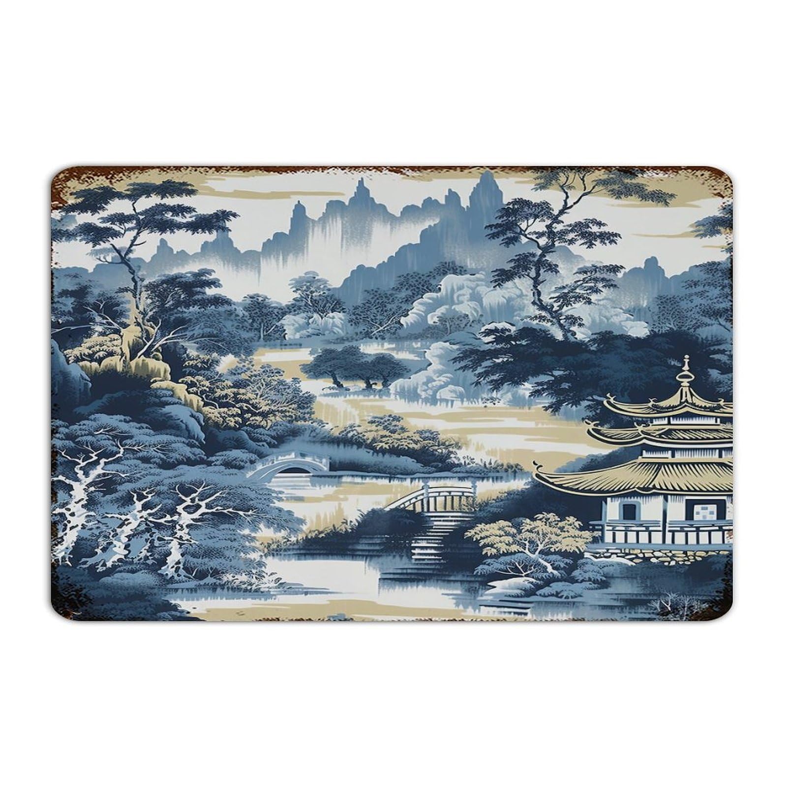 Plaque en métal chinoiserie haut de gamme avec pagode asiatique blanche et bleue