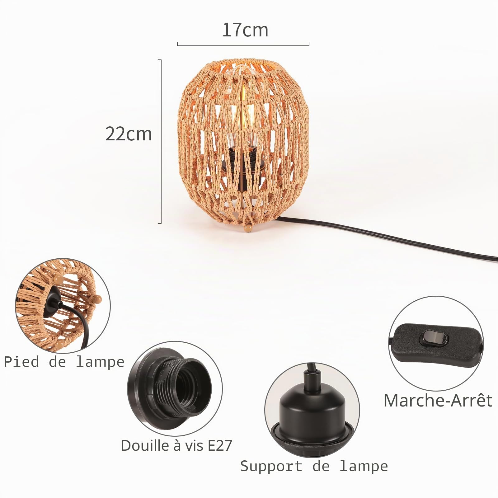 Lot de 2 Lampe de Table Tissée Lampe de Chevet Style Bohème Abat-jour en Papier Ficelle Vintage Éclairage De Table Veilleuse Déco pour Chambre Bureau Lecture