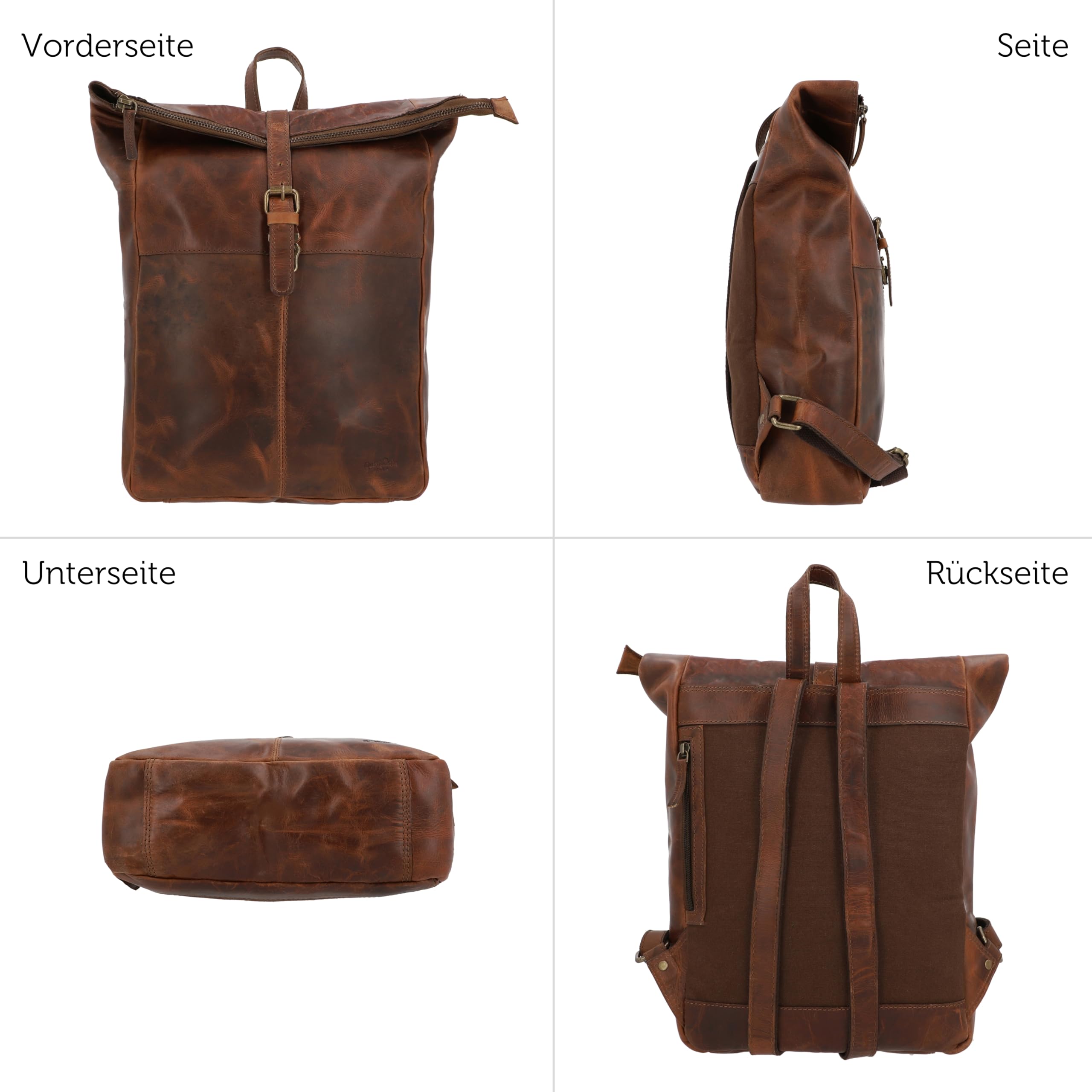 Gusti Leder Rucksack Valja - Echtleder Rolltop Rucksack Damen und Herren - Lederrucksack mit Laptopfach 13 Zoll - Vintage Ziegenleder Pflanzlich Gegerbt Braun