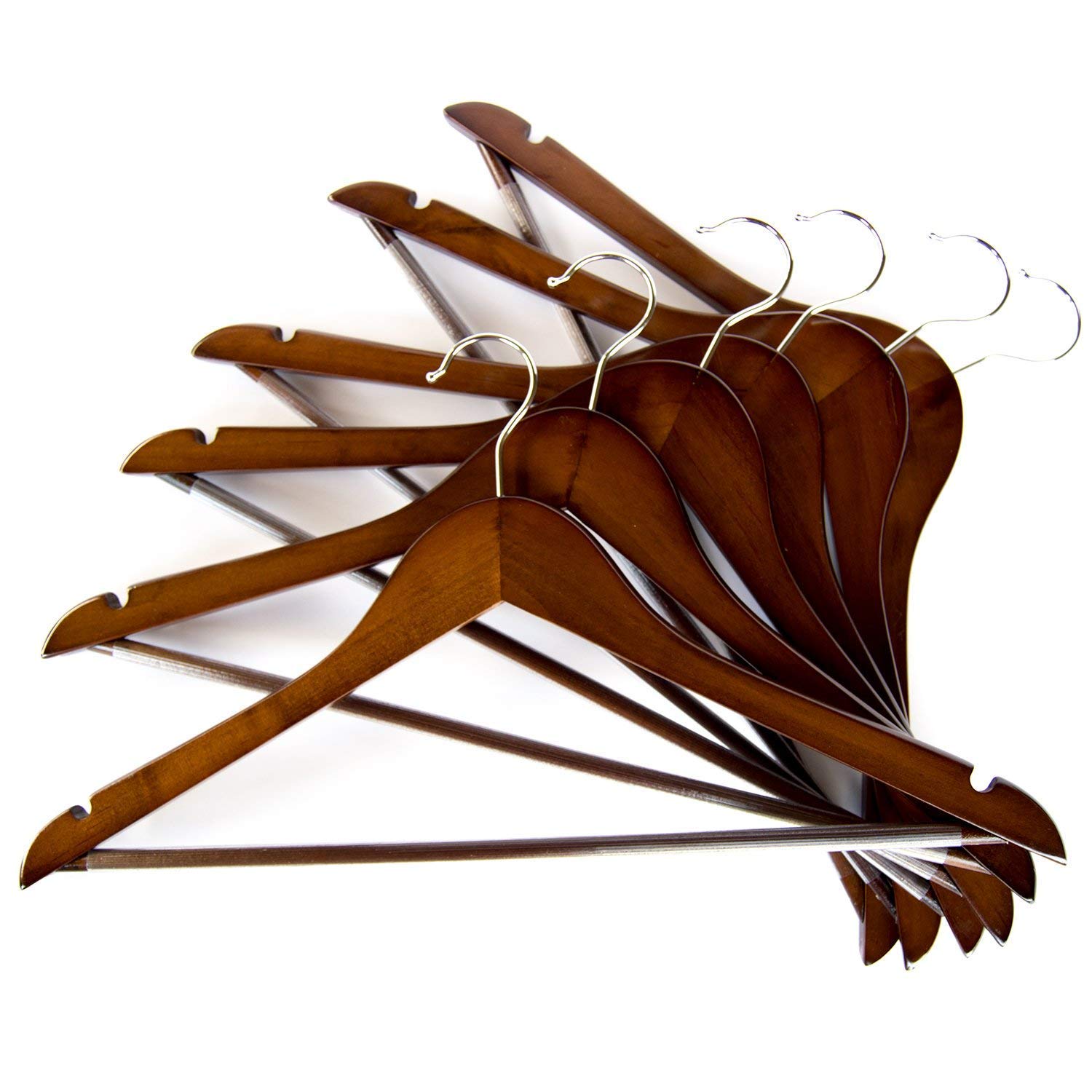 ginoya Brothers Walnut Wooden Suit Hangers - Premium Wood with Notches & Chrome Swivel Hook for Dress Clothes, Coats, Jackets, Pants, Shirts, Skirts Hanger (6 Count)