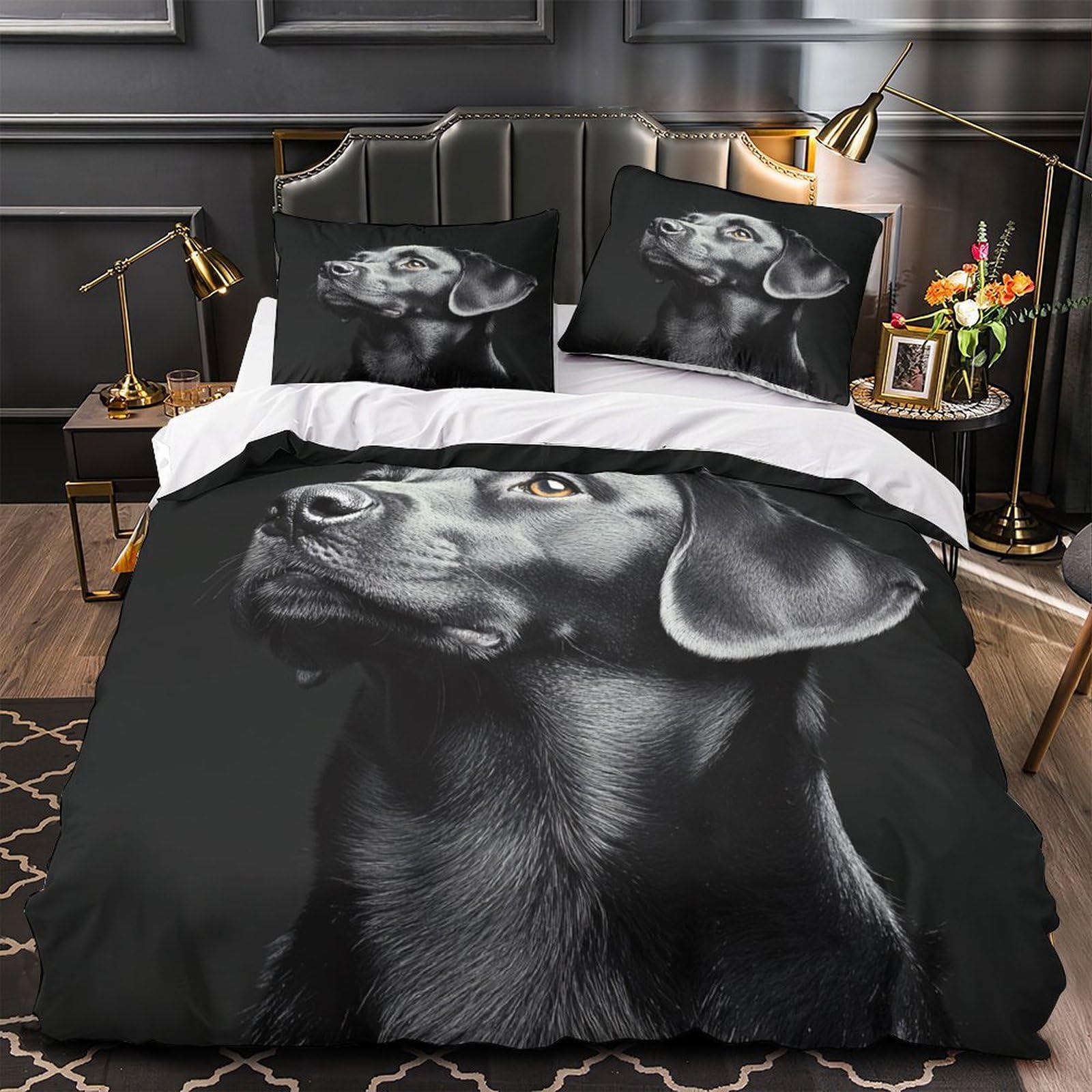 Black Hundeporträt 3-teiliges Reines Polyester realistische Tierkunst Bettbezug, Versteckter Reißverschluss, Krippenbettwäsche, Babysicher & Pflegeleicht King（220x240cm）