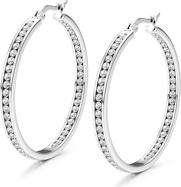 Chriscoco Stainless Steel Hoop Earrings for Women Cubic Zirconia Huggie Large Hoop Earrings Hypoallergenic 40mm 50mm