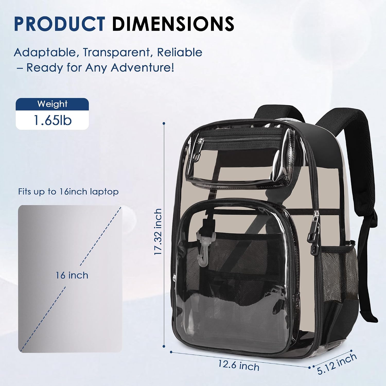 Clear Backpack for Stadium Events 0.5MM PVC Large Transparent Bookbag Clear Backpack for School See Through Bag 180° Open Design for School Sport Music Events Travel Security