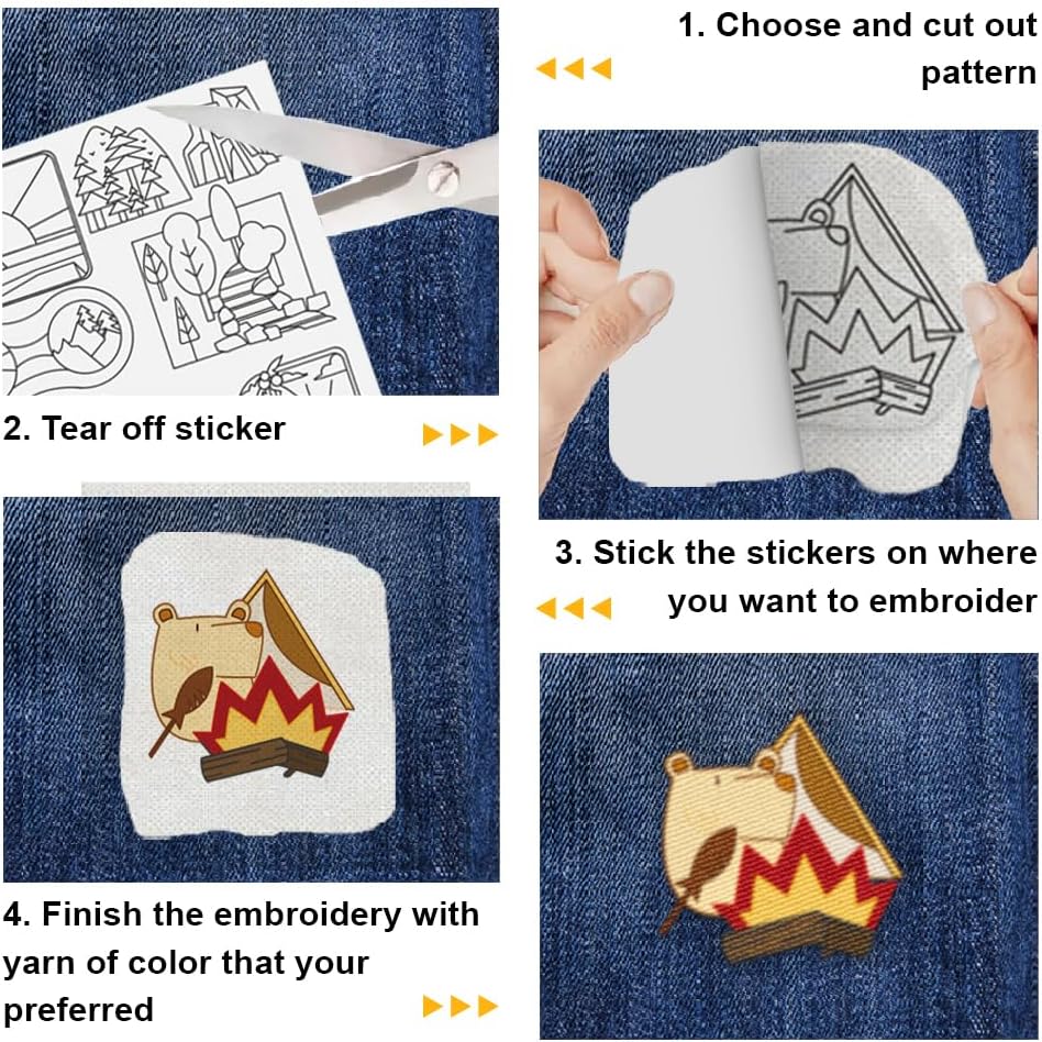 4 Sheets Water Soluble Embroidery Stabilizers 11.69x8.27 Inches Camping Themed Stick and Stitch Embroidery Paper Adhesive Embroidery Transfer Paper for Shirts Coats Bags