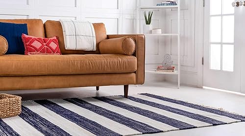Miniatura 2 de Unique Loom Chindi Rag Collection - Alfombra a rayas (4 pies 1 pulgada x 6 pies 1 pulgada, rectangular, azul marinomarfil)