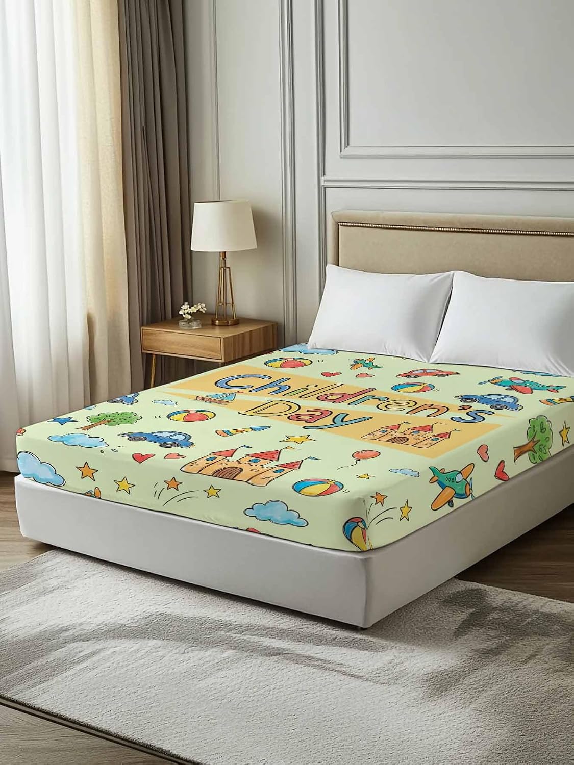 Full Flat Sheet, Happy Children's Day Full Bed Sheets Only, Soft Microfiber Flat Sheet, Cartoon Castle Childhood Innocence Hotel Quality Bedding Top Sheet Bedroom Home Dorm Decor