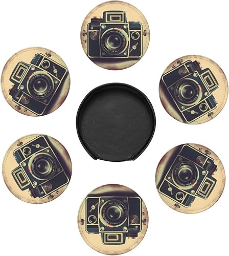 Miniatura 7 de 6 posavasos redondos de cuero con soporte retro para cámara, para bebidas, taza de café, resistente al calor, para protección de mesa, accesorios de