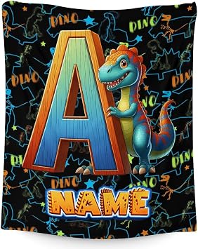 Dinosaur Blanket for Kids, Custom Monogram Blanket, Gift for Son, Grandson, Soft Cozy Fuzzy Lightweight Warm Flannel Throw Blankets for Chair Sofa Room Decor